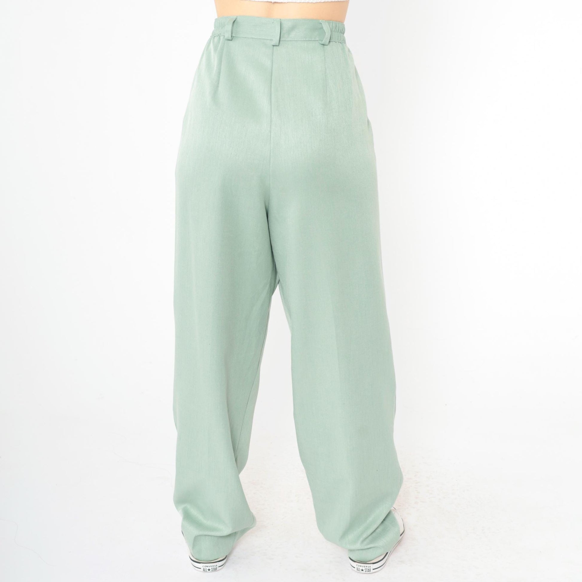 90s Light Green Pleated High-Waist Tapered Trousers Medium