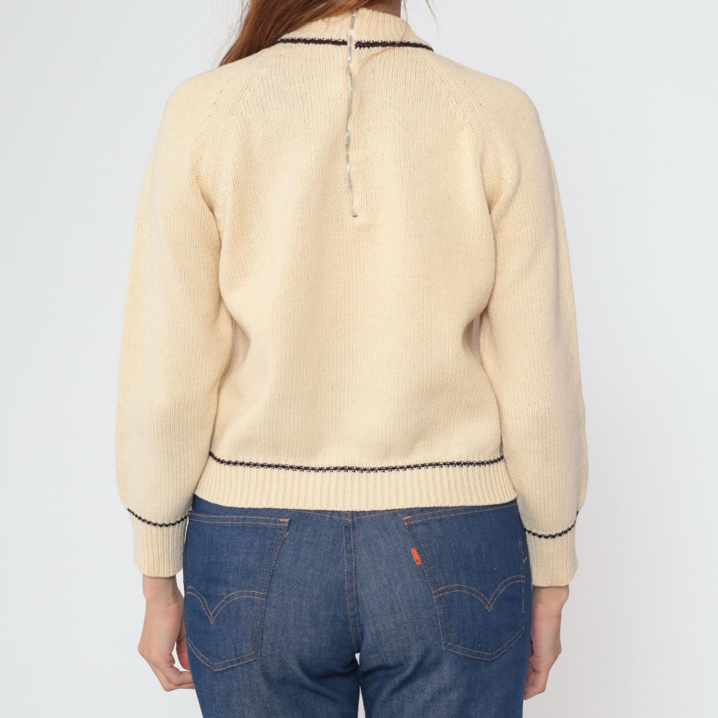 60s Cable Knit Sweater Cream Pullover Raglan Honeycomb Texture Small