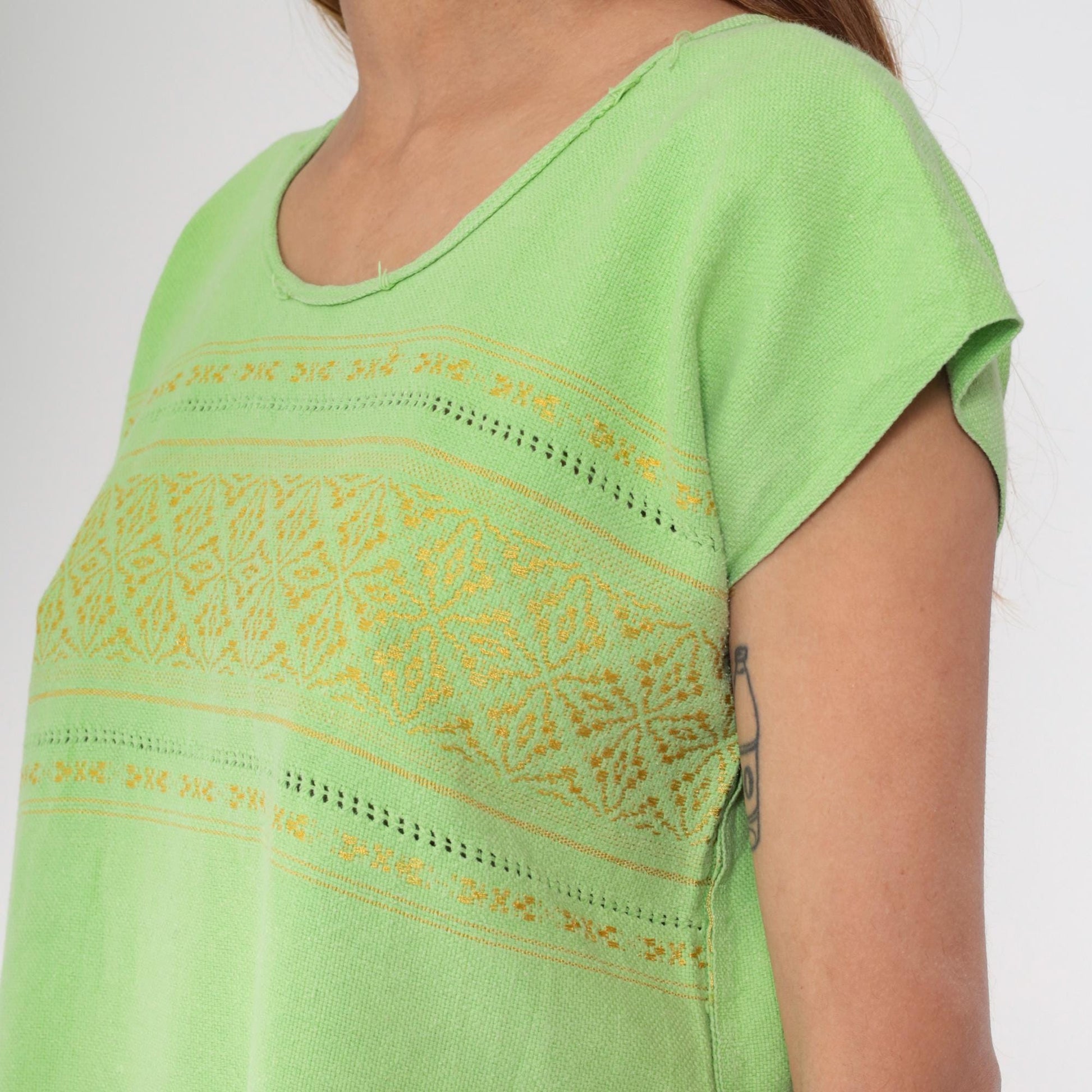 80s Lime Green Embroidered Mexican Tunic Top Geometric Cutwork Cap Sleeve Medium