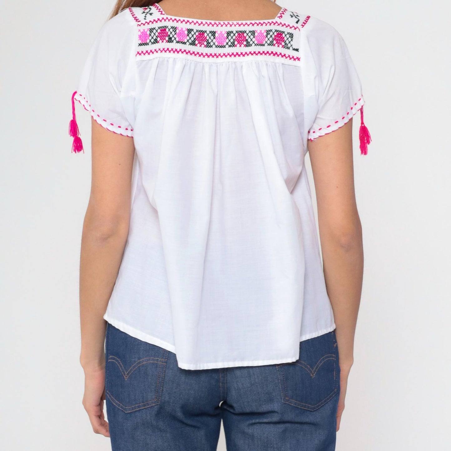 90s Mexican Embroidered Floral Blouse White Pink Square Neck Short Sleeve Small