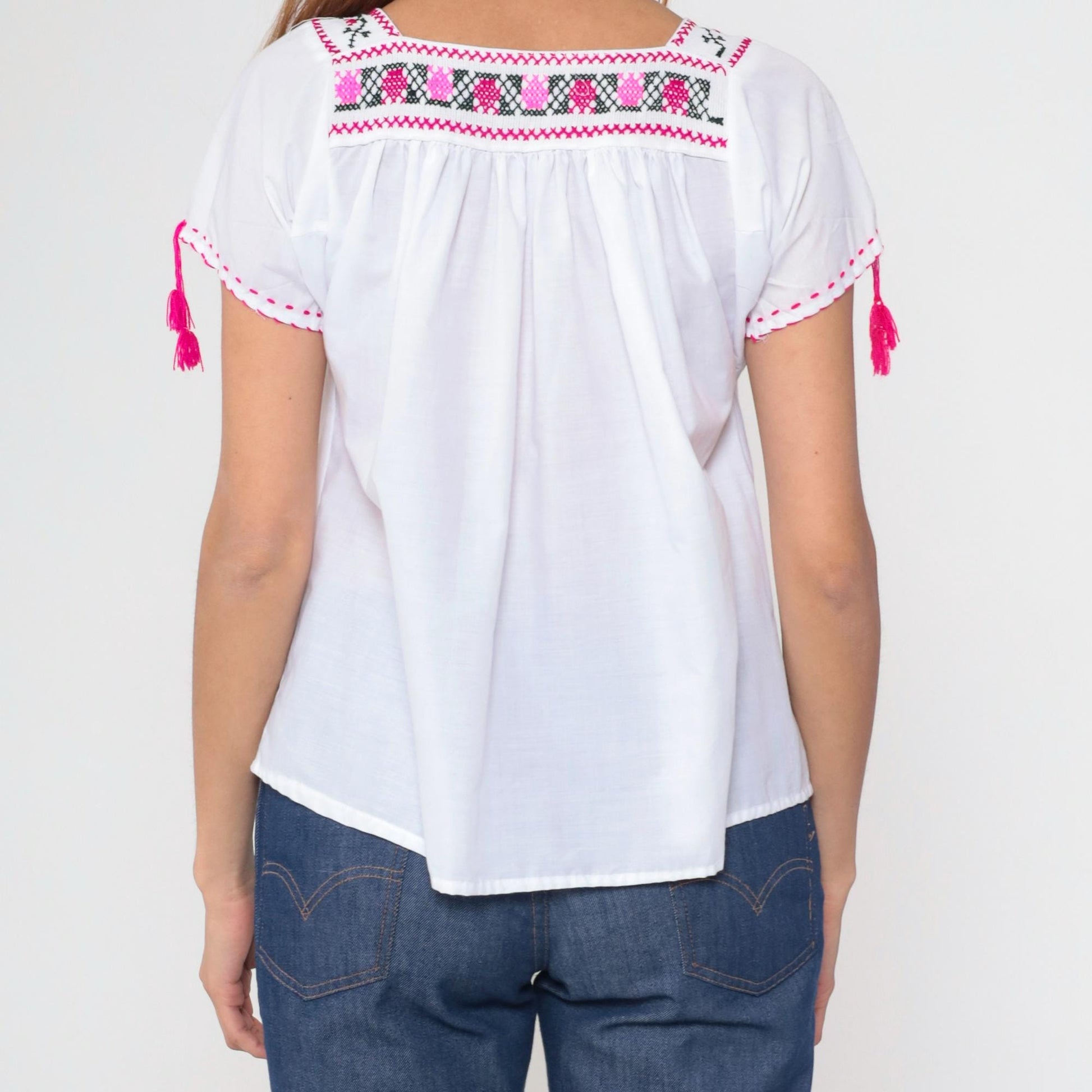 90s Mexican Embroidered Floral Blouse White Pink Square Neck Short Sleeve Small