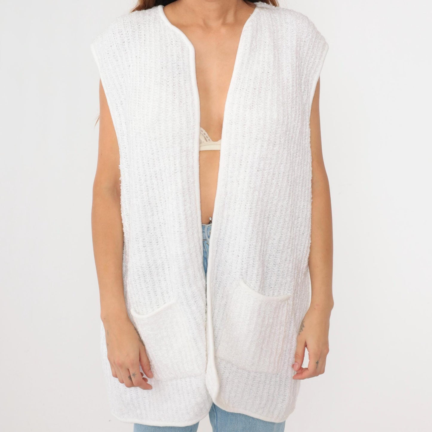 80s Sideffects Plus White Knit Vest Open Front Pockets Sleeveless Extra Extra Large XXL