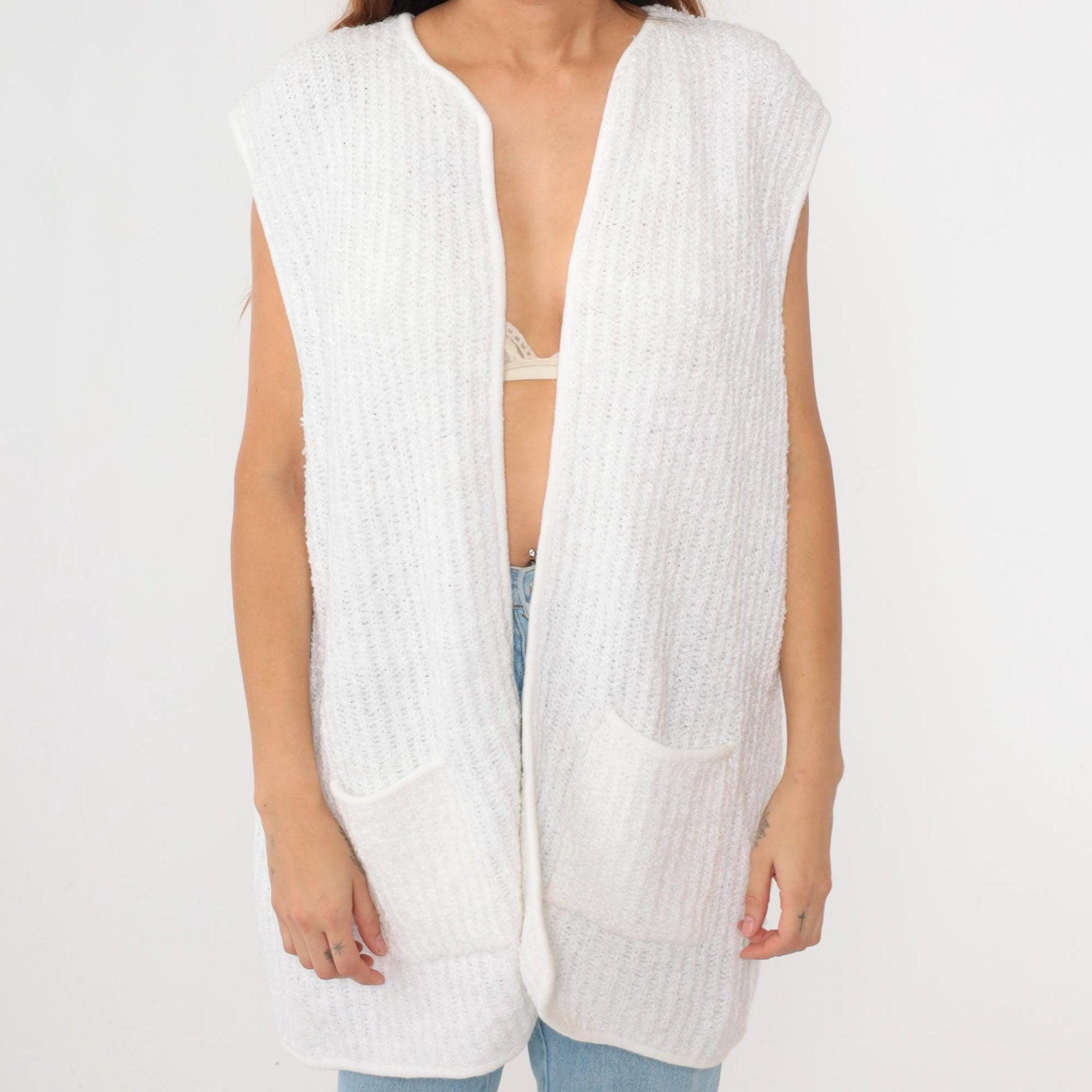 80s Sideffects Plus White Knit Vest Open Front Pockets Sleeveless Extra Extra Large XXL