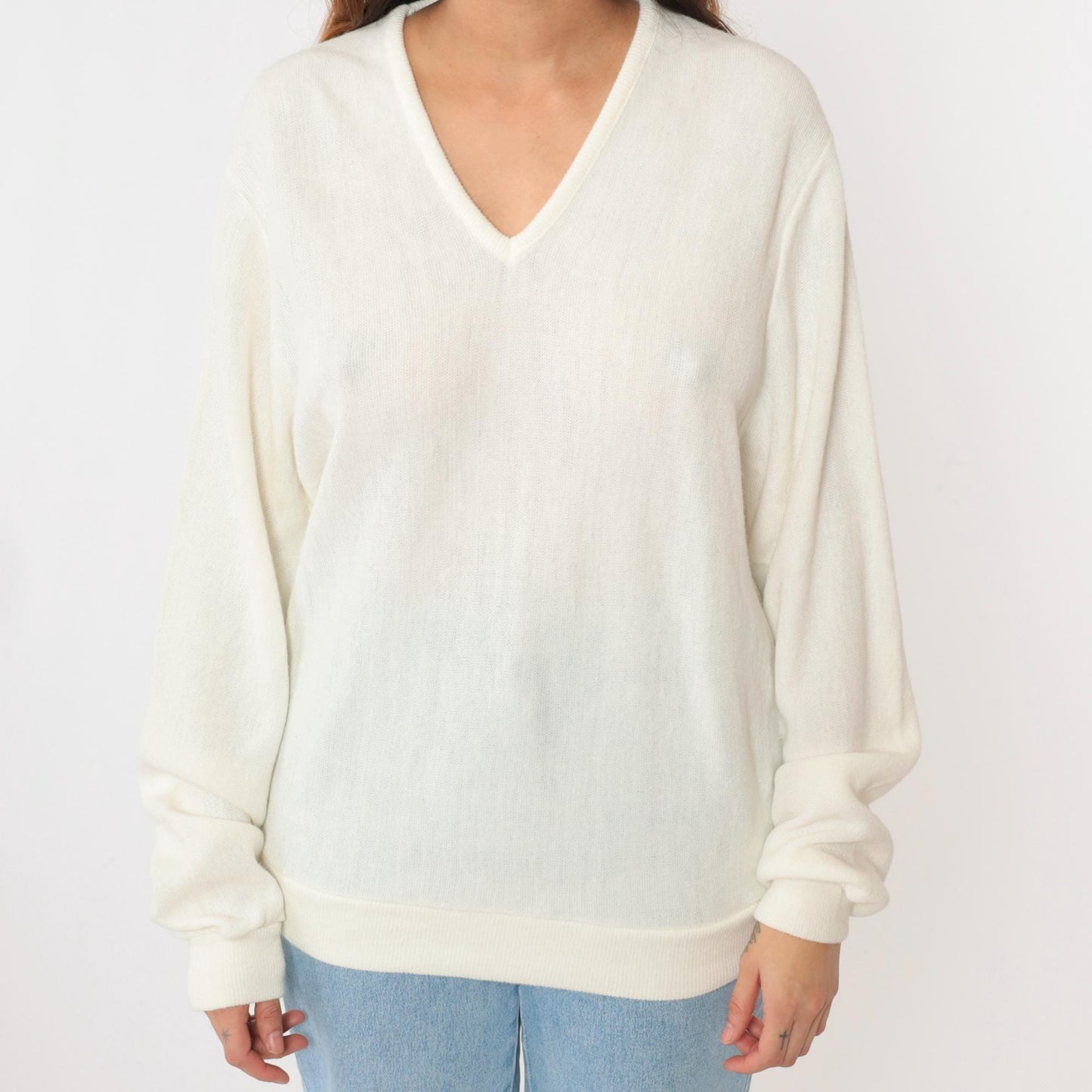 80s Sportswear by Bryant White V-Neck Knit Sweater Pullover Large L