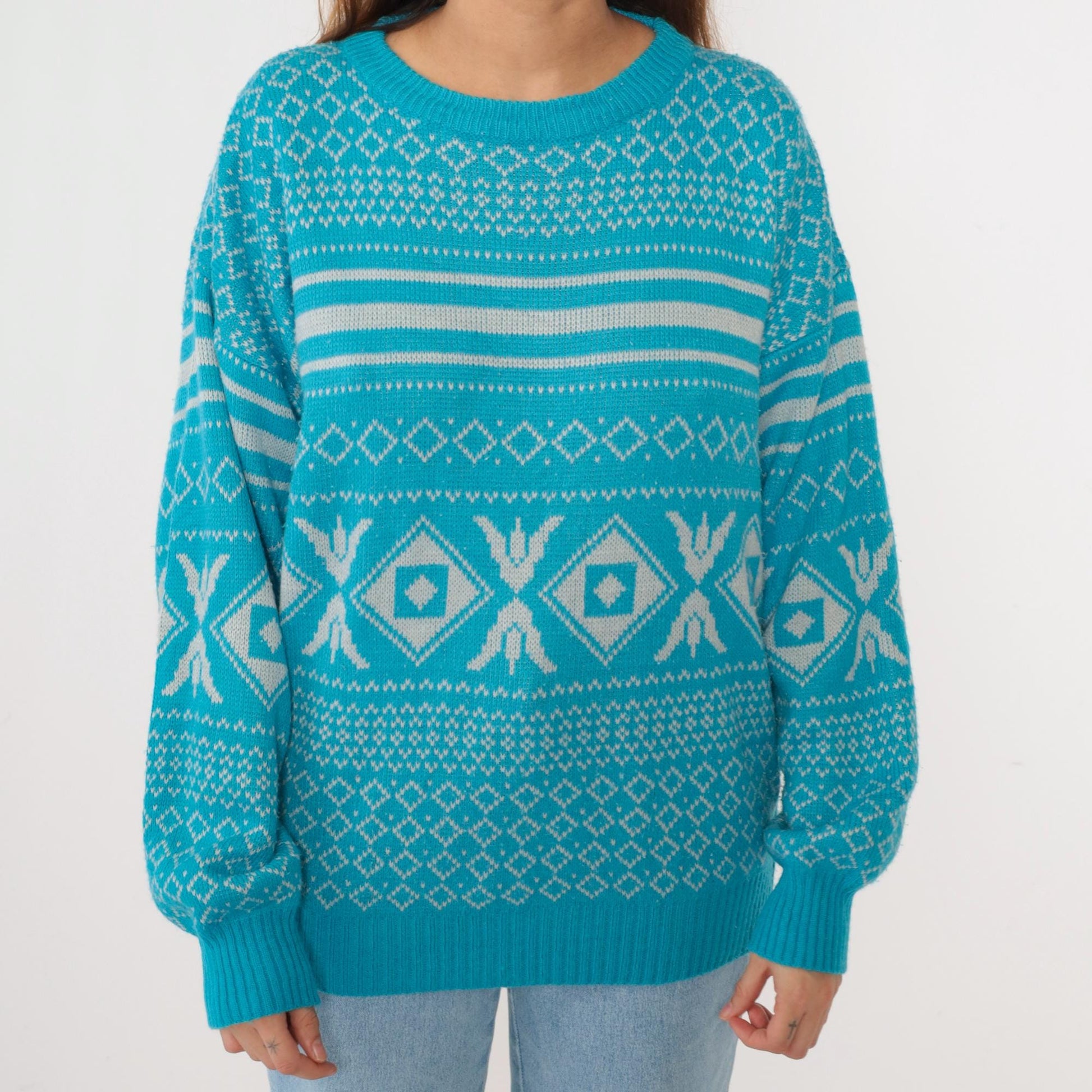 80s Geometric Knit Sweater Bright Blue Diamond Abstract Crewneck Medium M