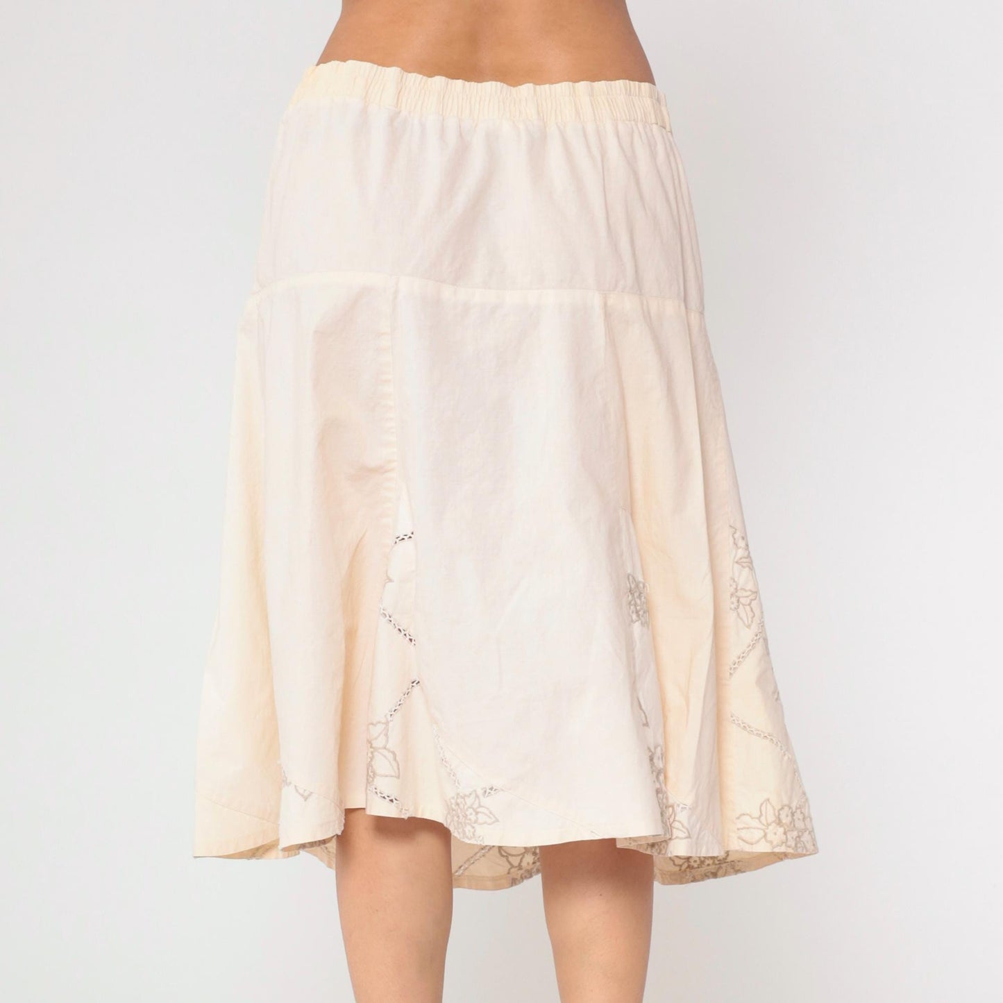 00s Floral Embroidered Cream A-Line Midi Skirt Elastic Waist Large L