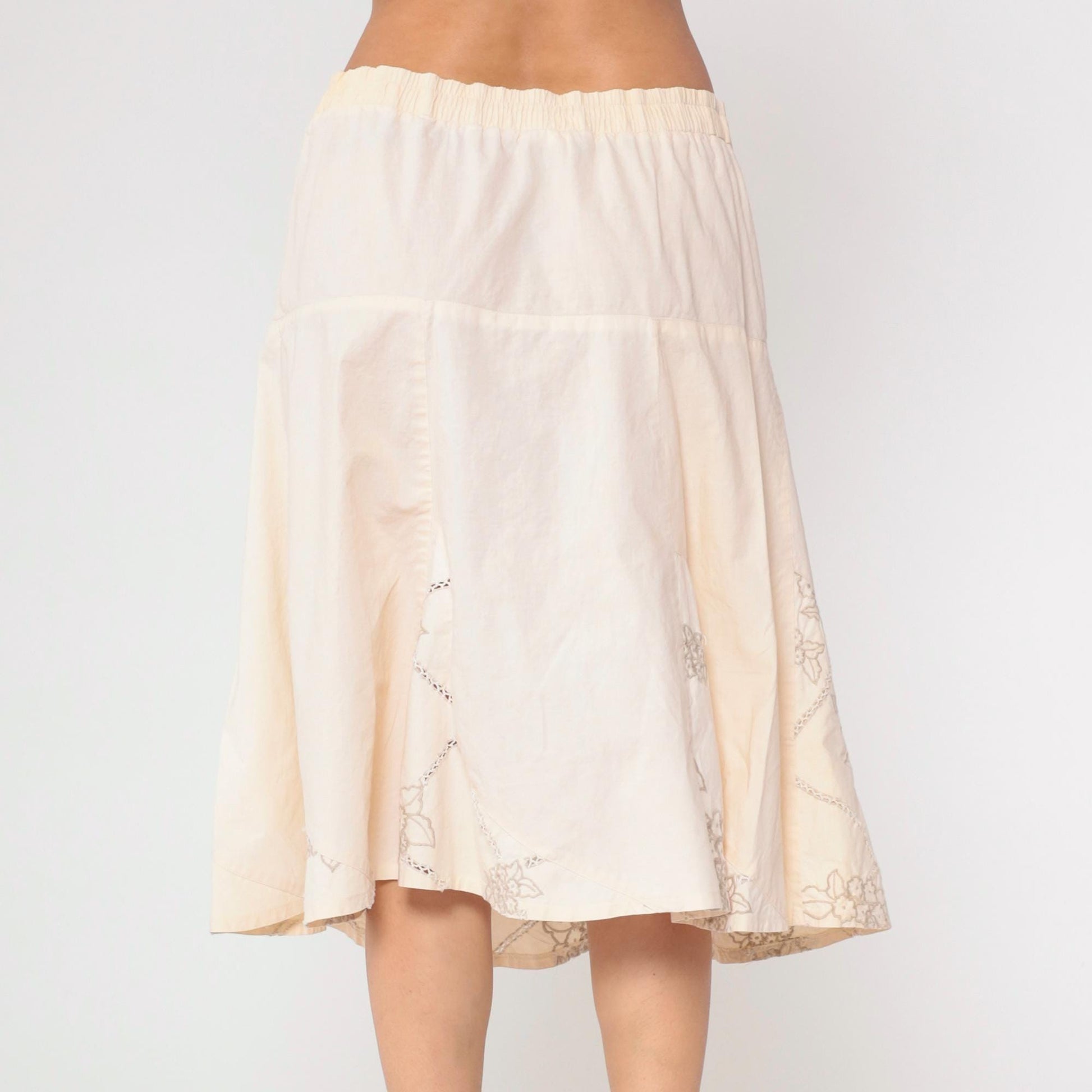 00s Floral Embroidered Cream A-Line Midi Skirt Elastic Waist Large L