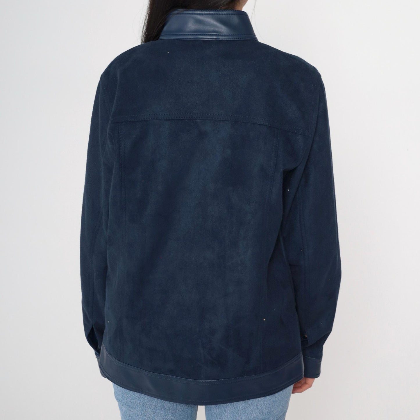 90s Collezioni Italia Faux Suede Jacket Navy Crest Logo Zip Moto Small