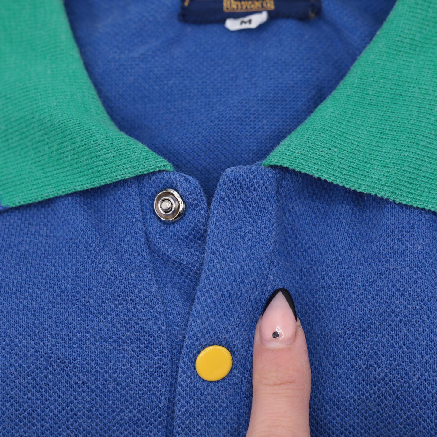 80s Bugle Boy Polo Shirt Colorblock Blue Green Raglan Medium