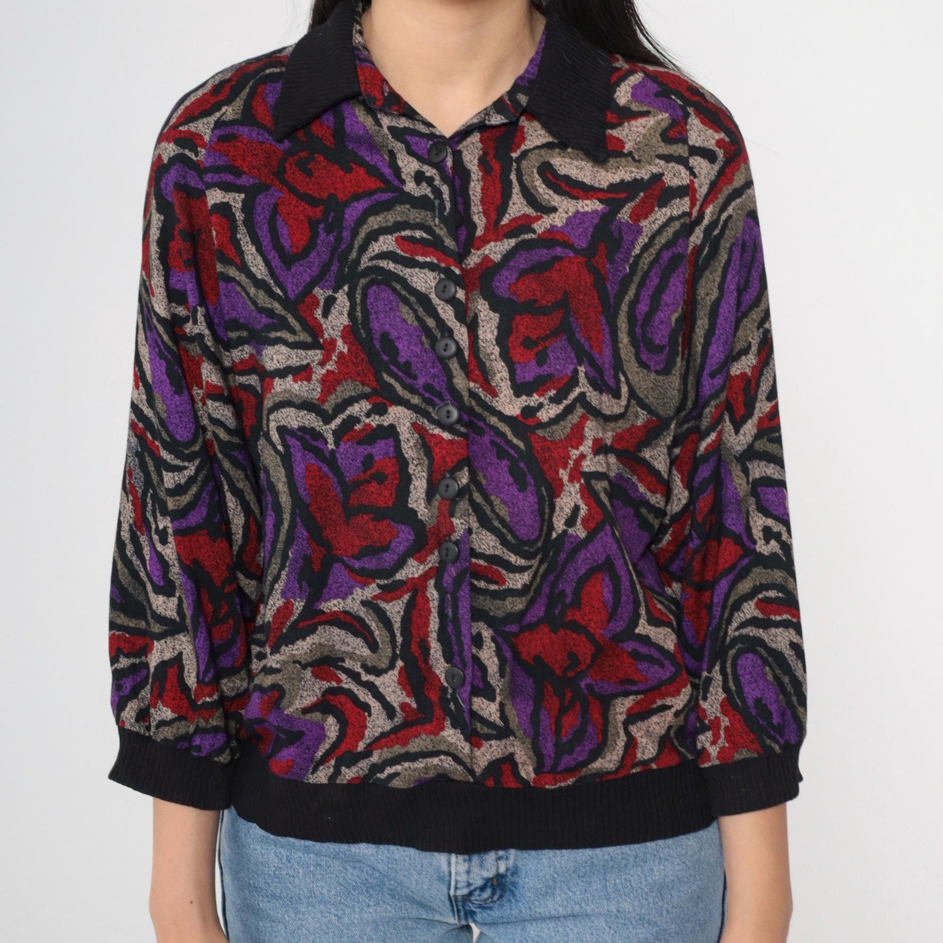 90s Abstract Floral Rayon Button Up Blouse Black 3/4 Sleeve Small S