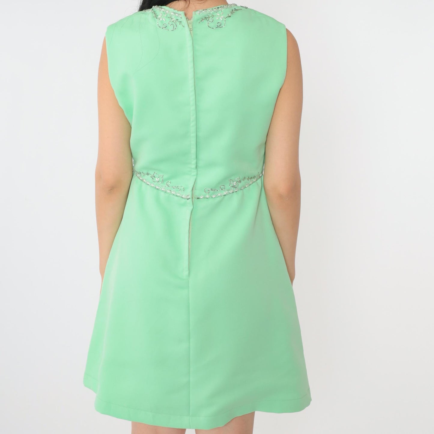60s Mint Green Beaded Empire Waist Mini Dress Rhinestone Scoop Neck Medium
