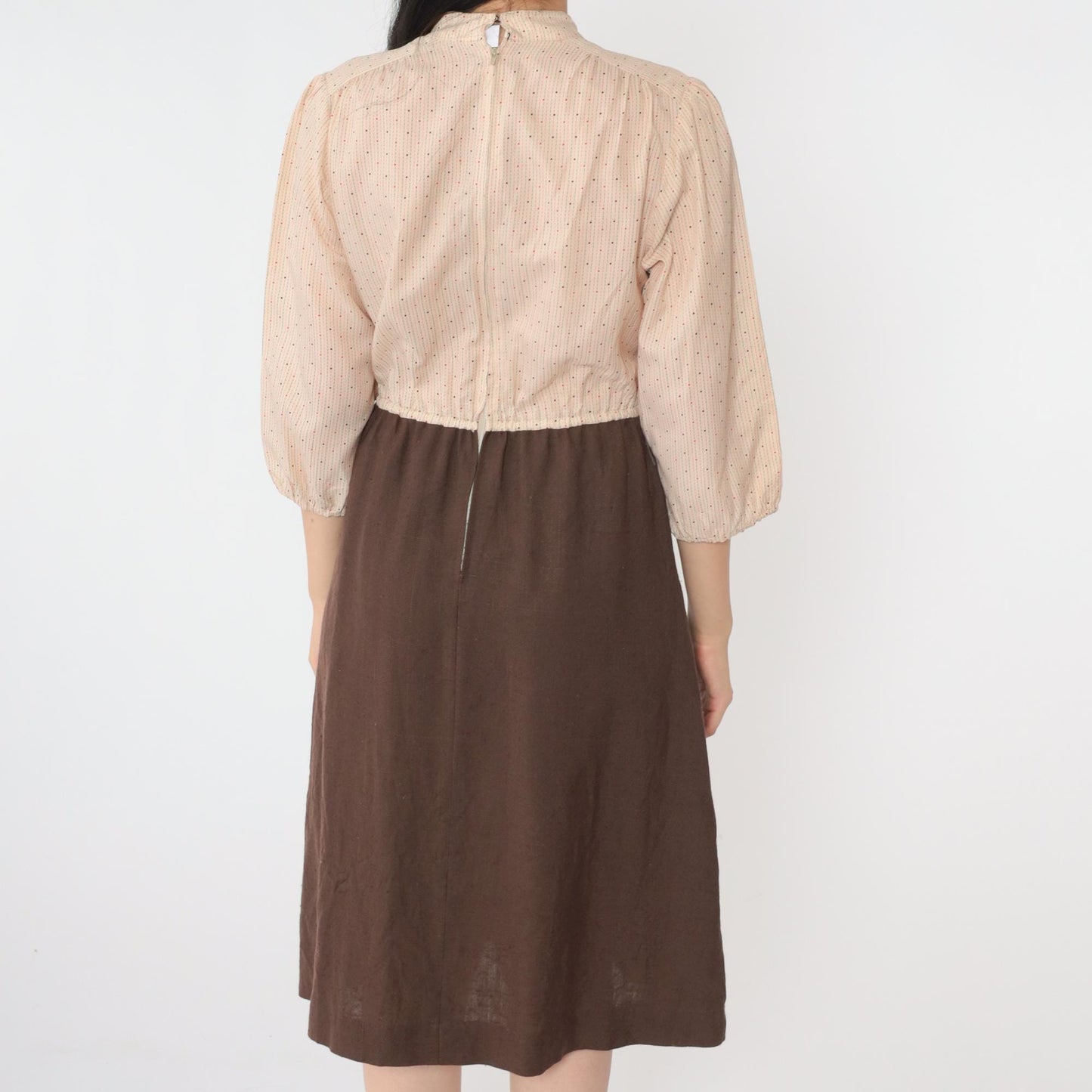 70s Beige Brown Dot Print Midi Dress High Elastic Waist V Neck Small