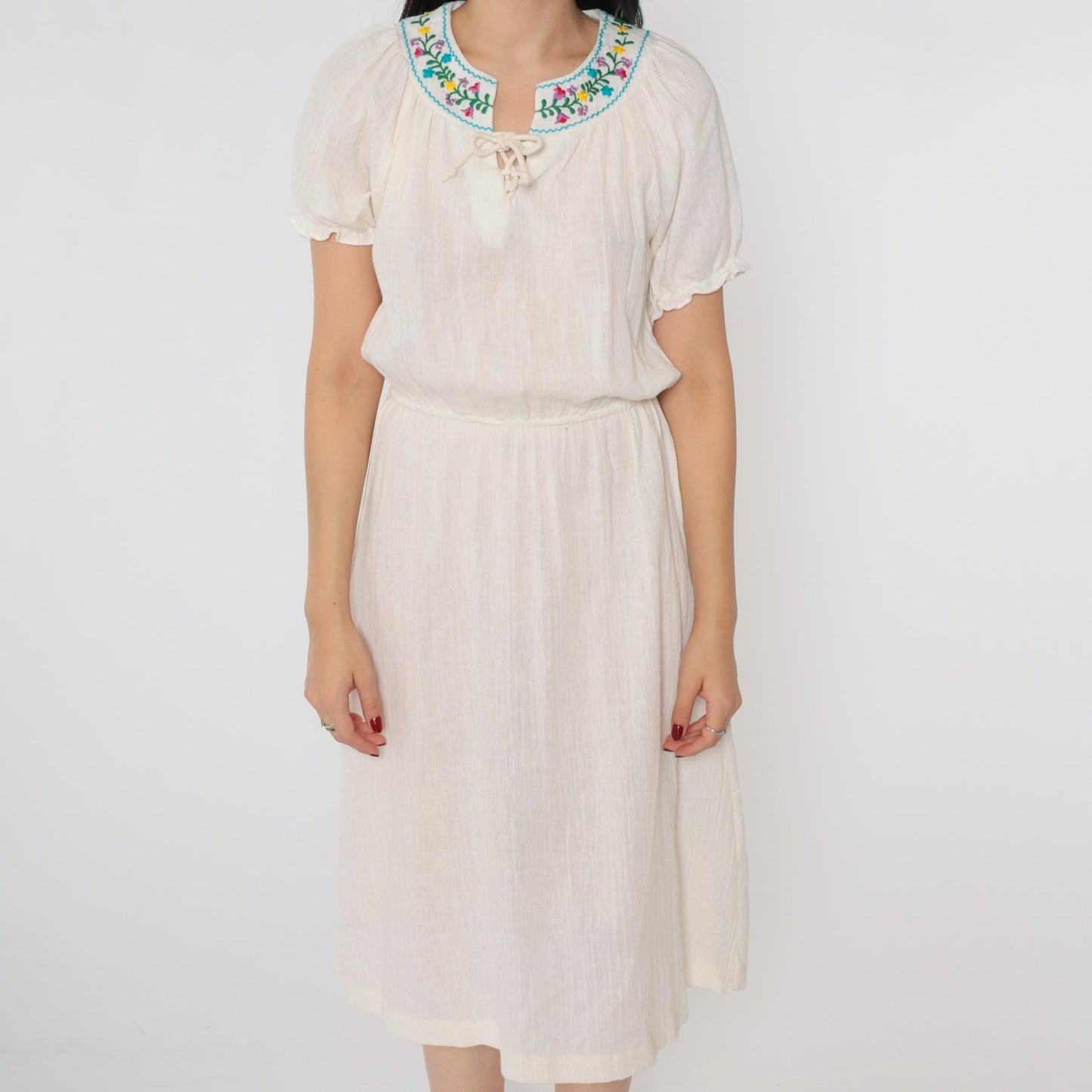 70s Floral Embroidered Off-White Gauze Peasant Dress Lace-Up Midi Small