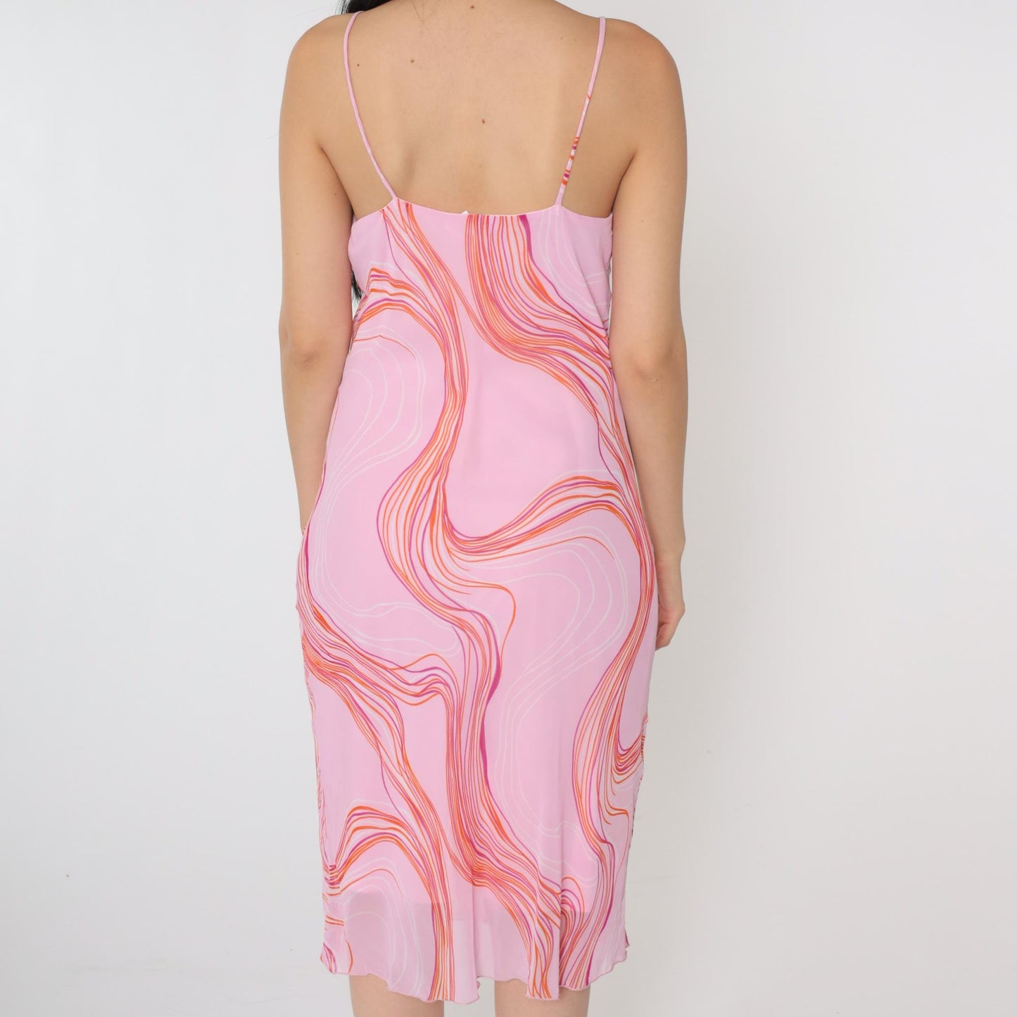 Y2K Pink Chiffon Slip Dress Abstract Swirl Print V-Neck Midi Medium 8