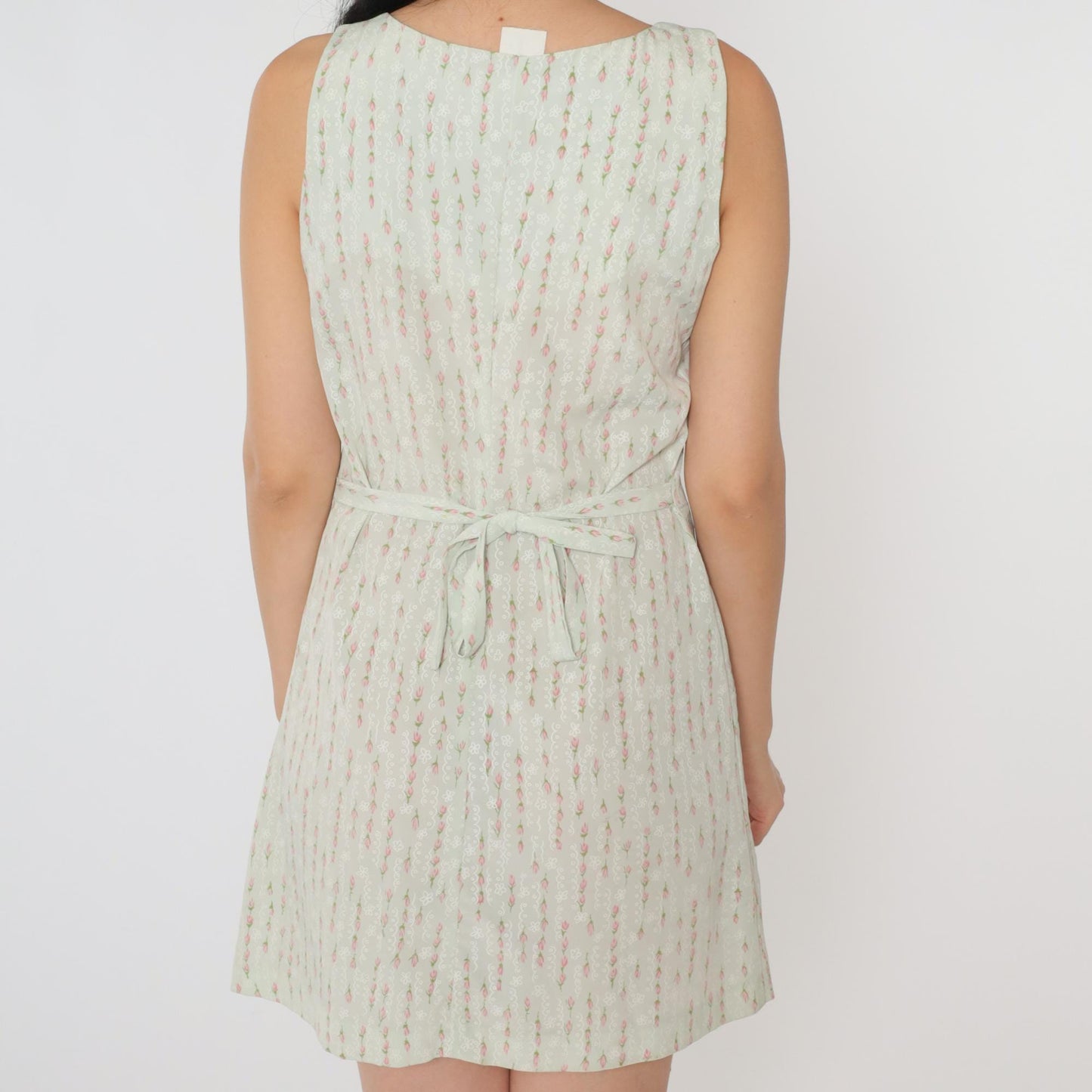 90s Mint Floral Sheath Mini Dress Deep V Neck Sleeveless Small