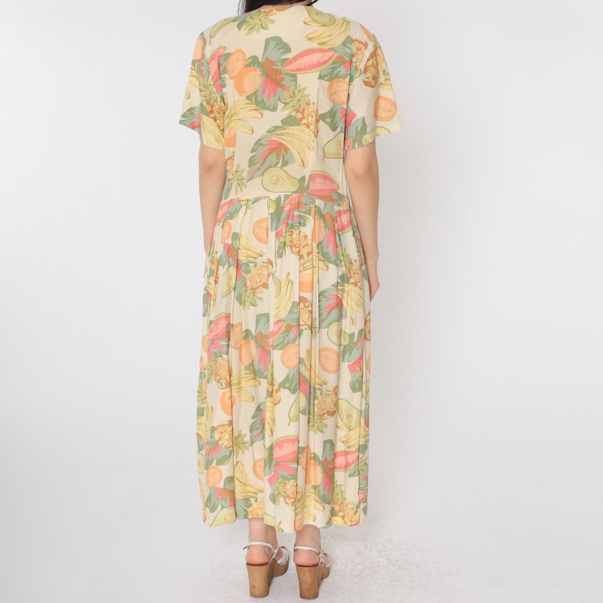 90s Tropical Fruit Print Button-Up Shirtdress Midi Cream Rayon Medium