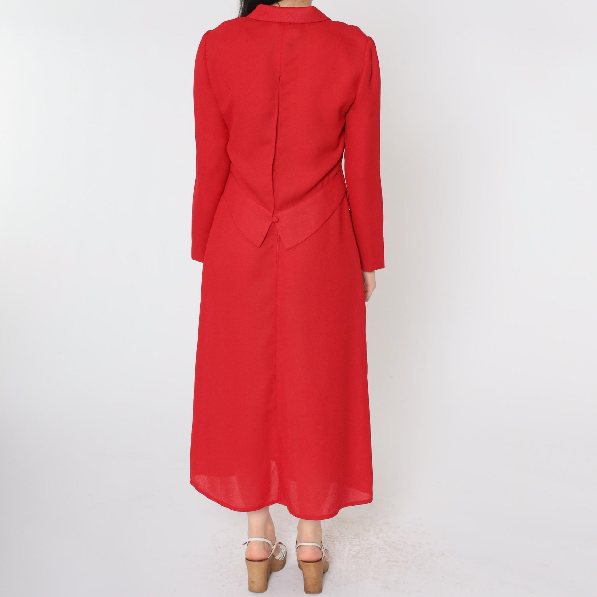 90s Karin Stevens Red Soutache Beaded Two-Piece Dress Set Ankle Length Small Petite