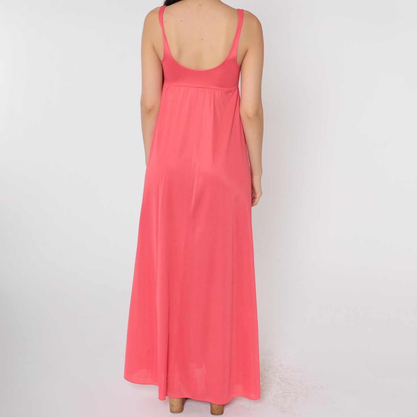 70s Coral Pink Lace-Up Slip Dress Maxi Empire Waist Scoop Neck Extra Small