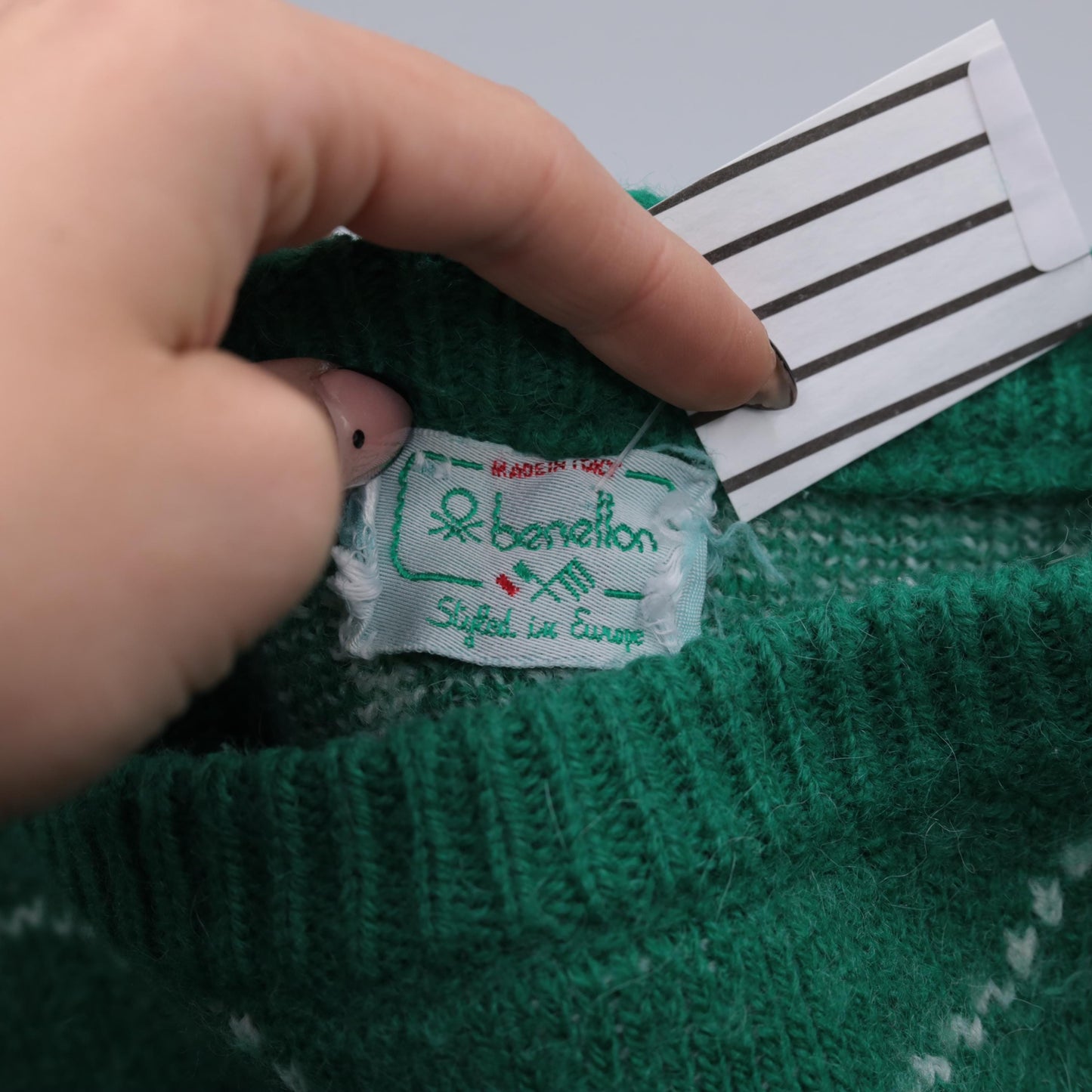 80s Benetton Wool Blend Sweater Green Spellout Graphic Crewneck Small