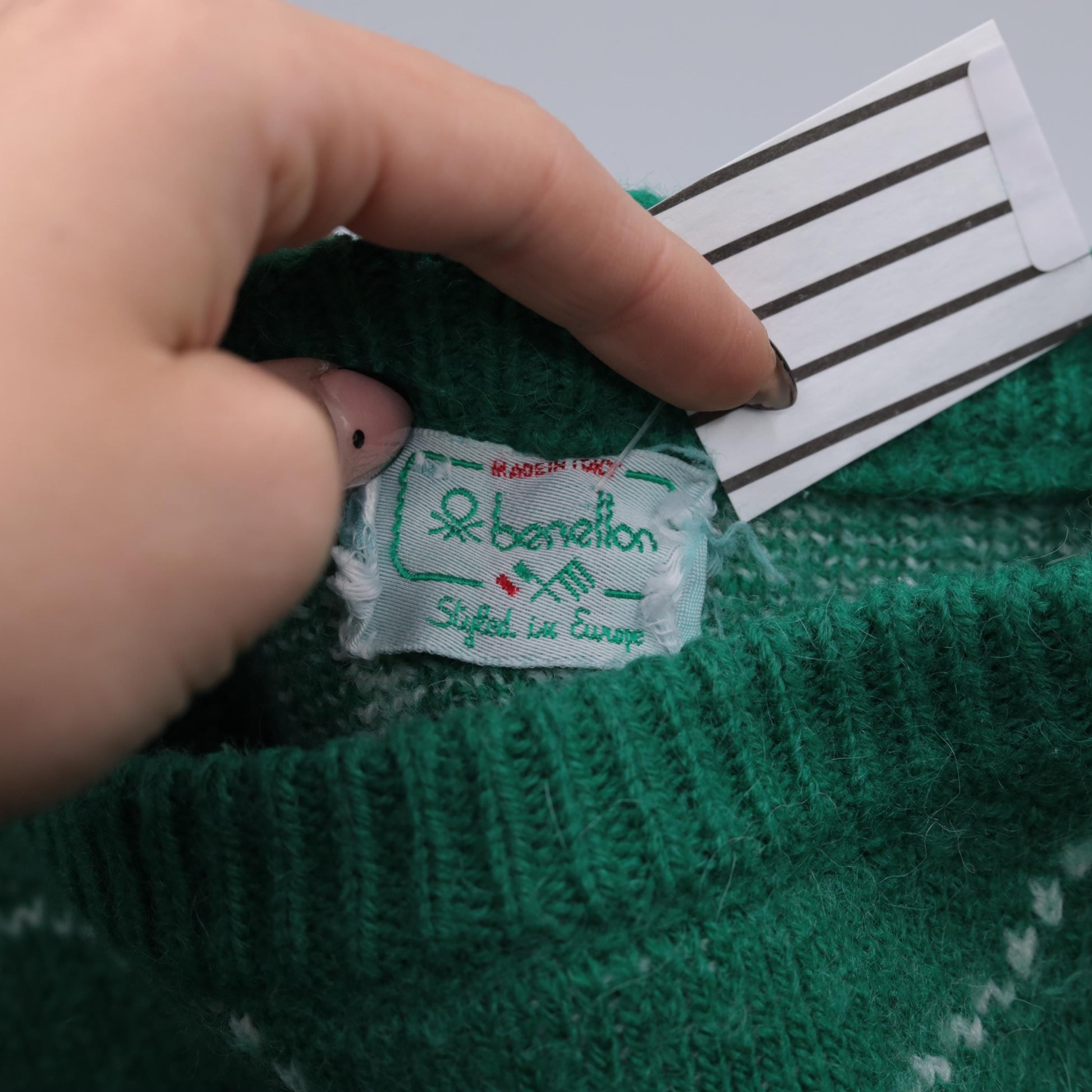 80s Benetton Wool Blend Sweater Green Spellout Graphic Crewneck Small
