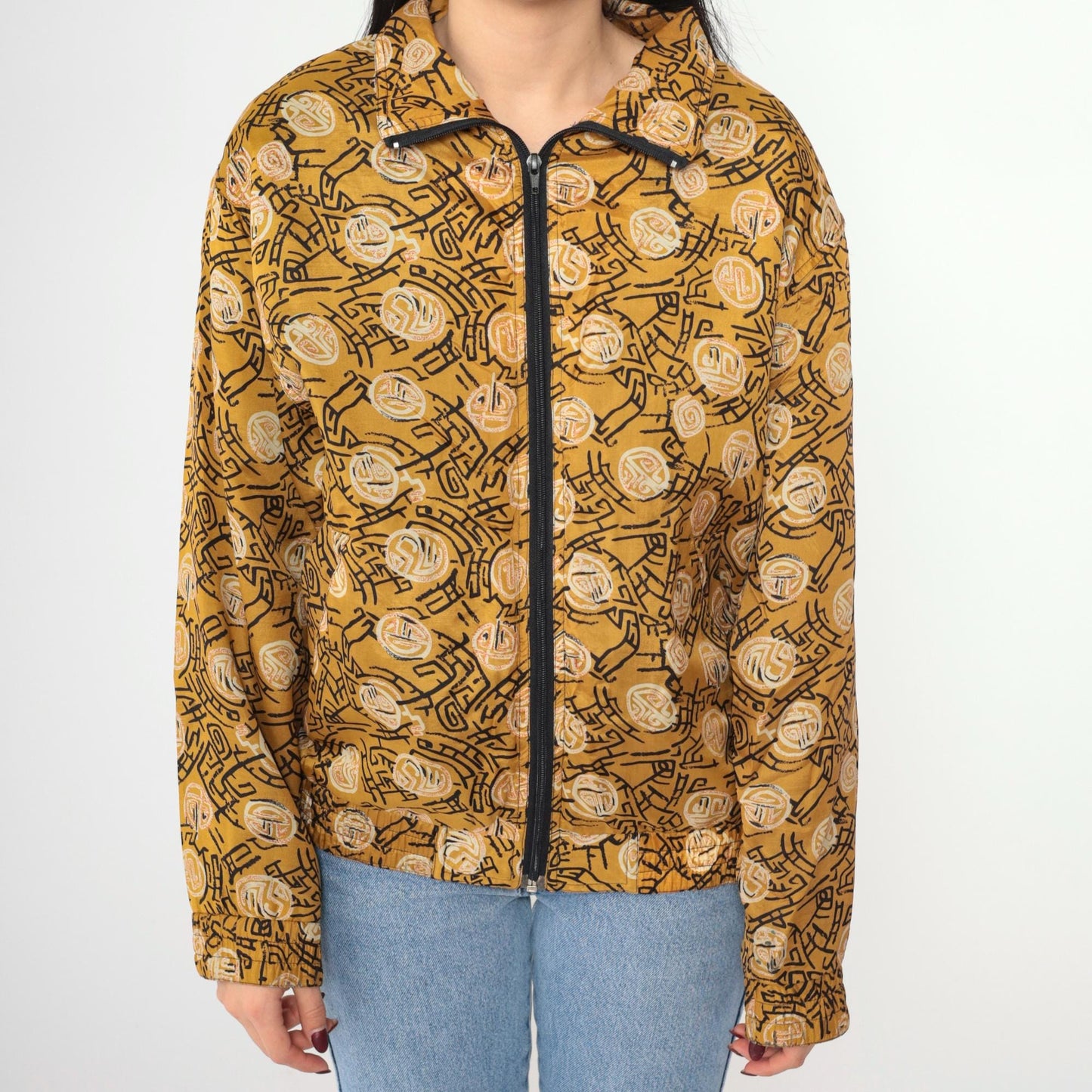 90s Kiku Silk Windbreaker Mustard Yellow Asian Symbol Zip Jacket Small