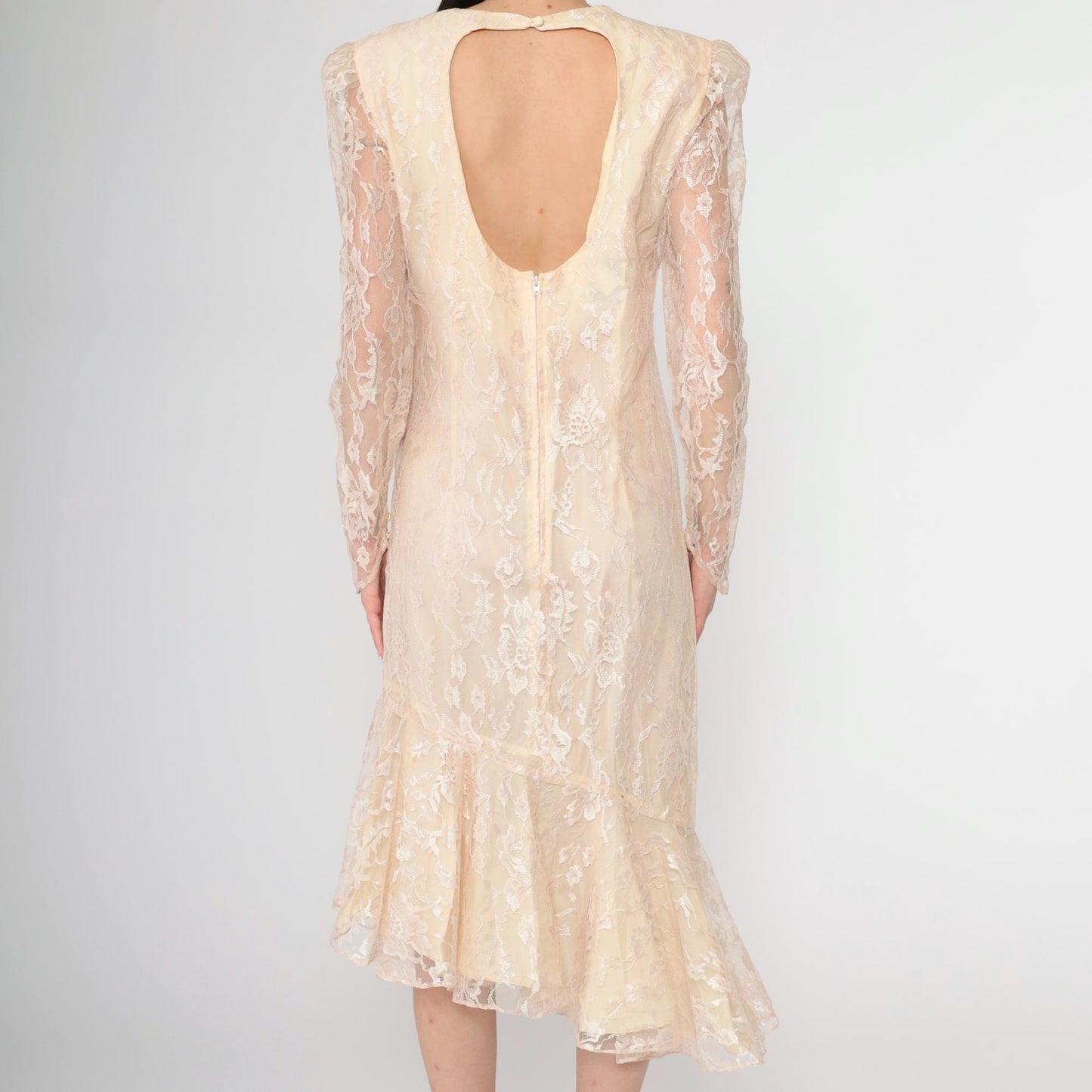 80s Peach Lace Puff Sleeve Dress Keyhole Back Mermaid Hem Small