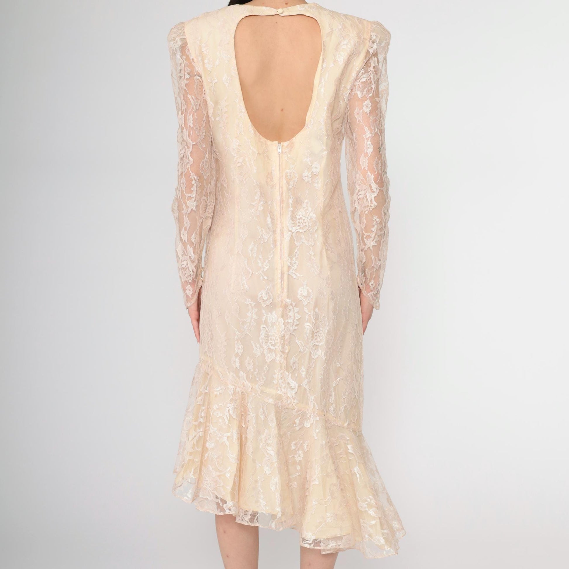 80s Peach Lace Puff Sleeve Dress Keyhole Back Mermaid Hem Small