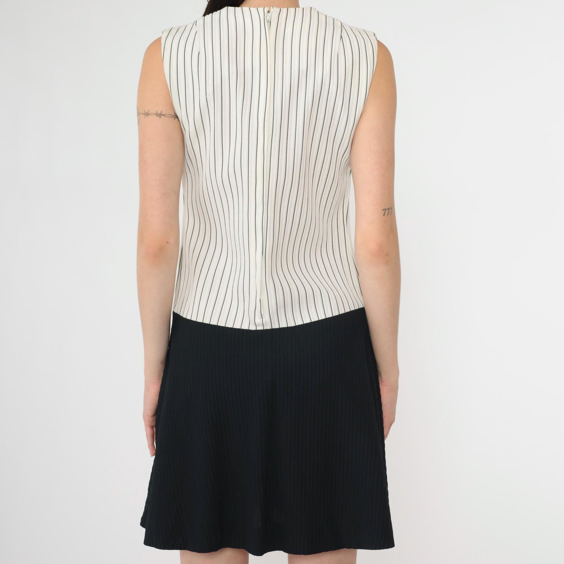 60s Mod Shift Dress Black White Striped Mini Drop Waist Sleeveless Extra Small
