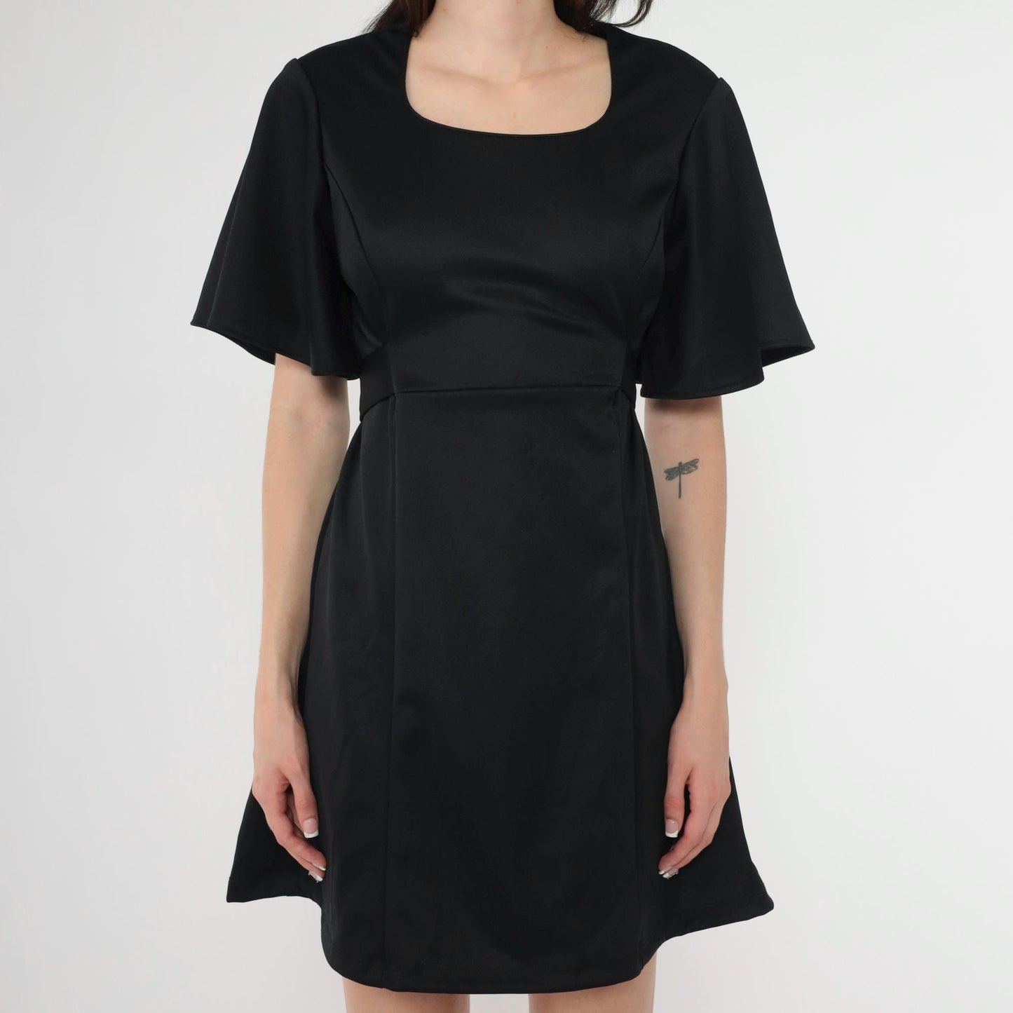 Y2K Black Babydoll Mini Dress Flutter Sleeve Empire Waist Small 6