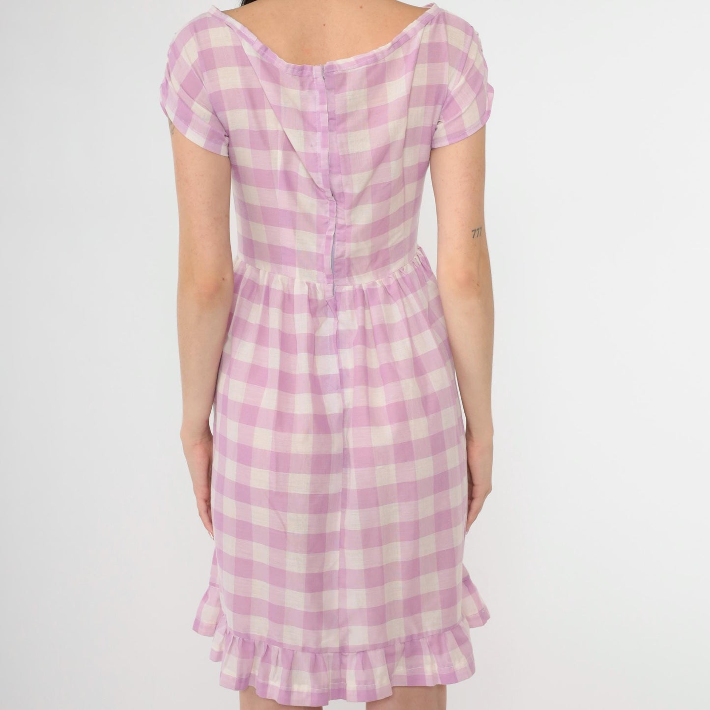 60s Lavender Gingham Mini Dress Lace-Up Corset Cap Sleeve High Waist Extra Small