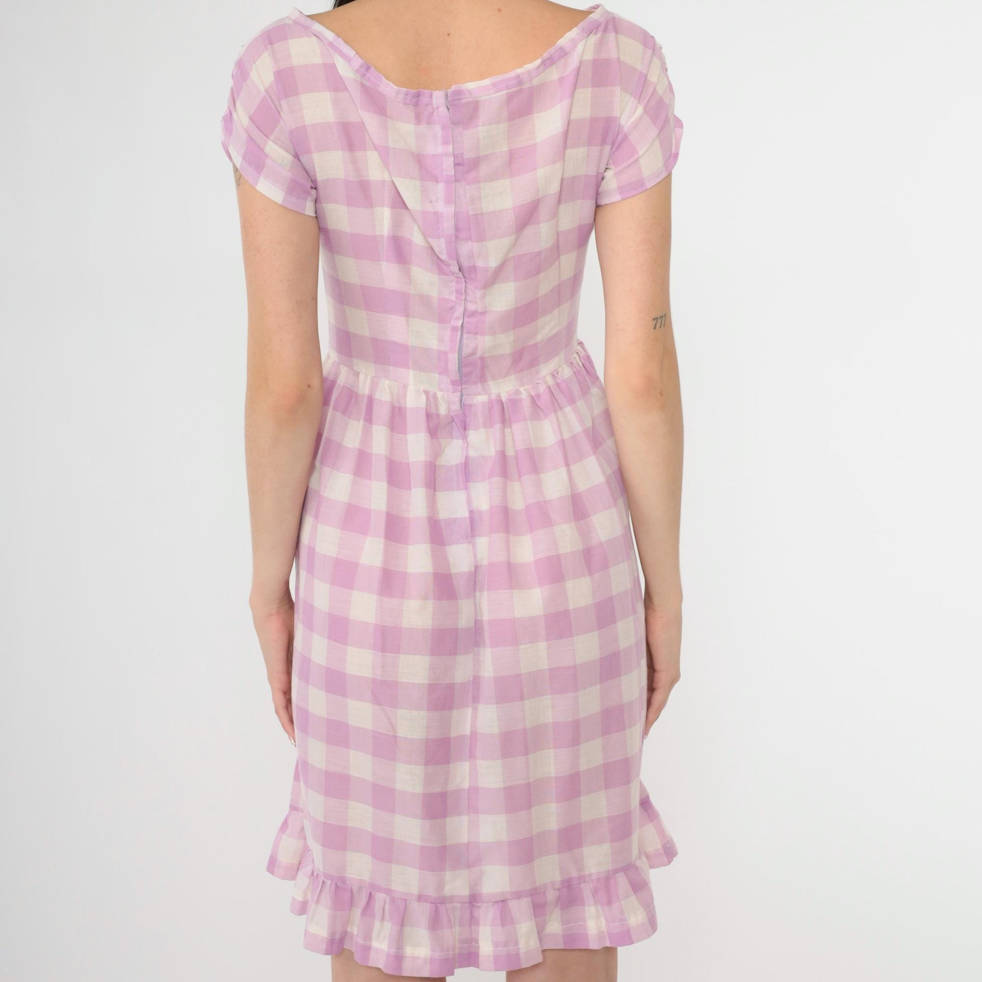 60s Lavender Gingham Mini Dress Lace-Up Corset Cap Sleeve High Waist Extra Small