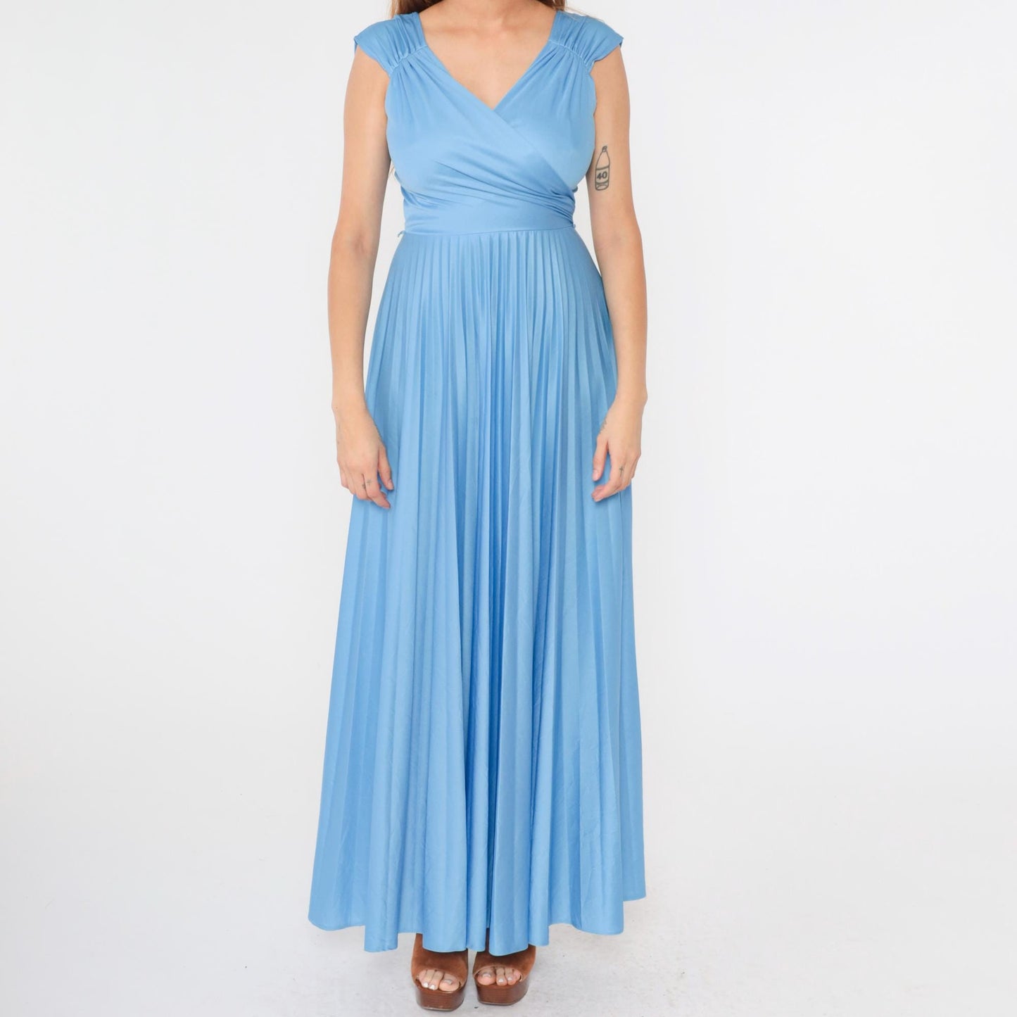 70s Blue Maxi Dress Pleated Wrap V-Neck Cap Sleeve High Waist Small