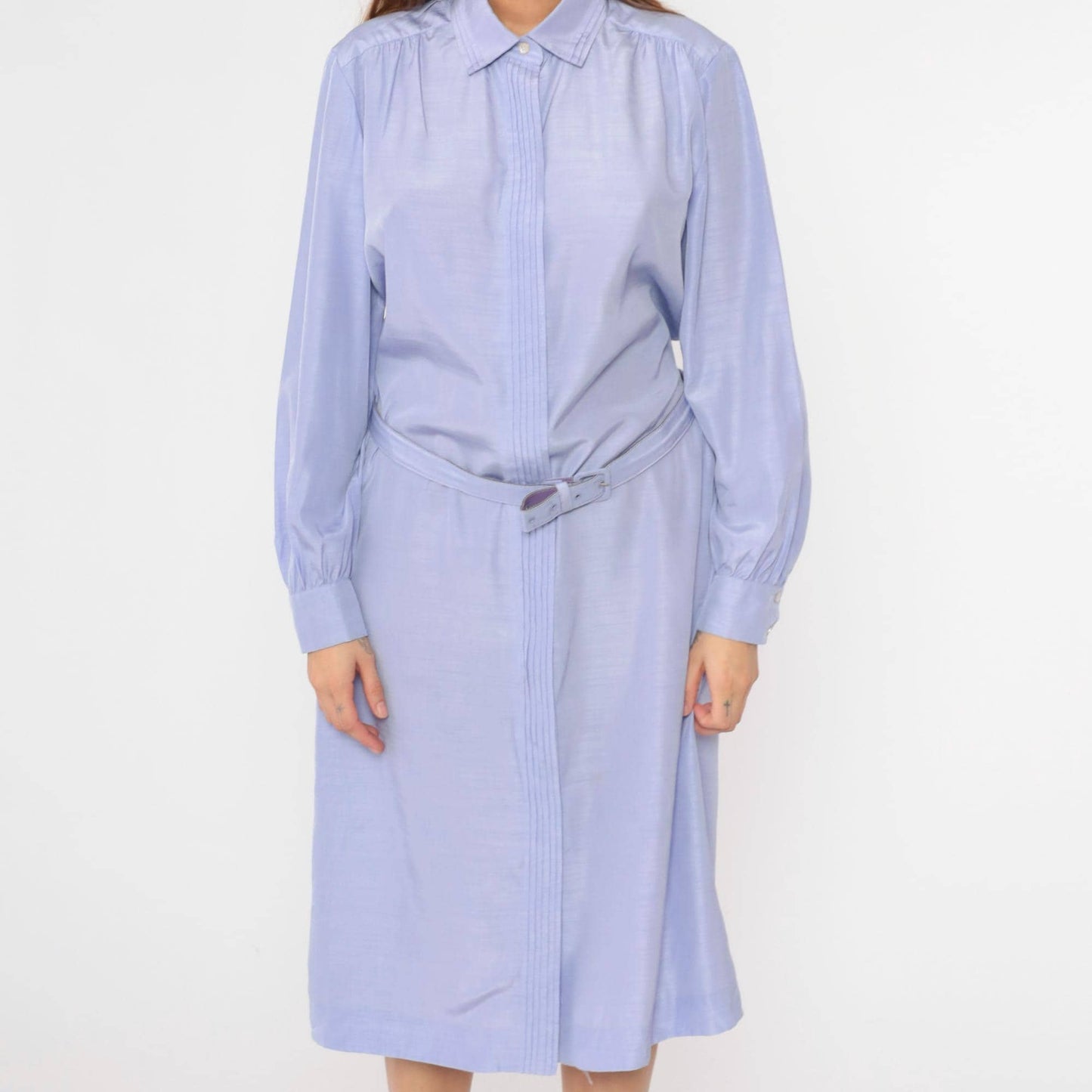 80s Lavender Shirt Dress Pleated Front Belted Midi Button Up Long Sleeve Extra Large XXL