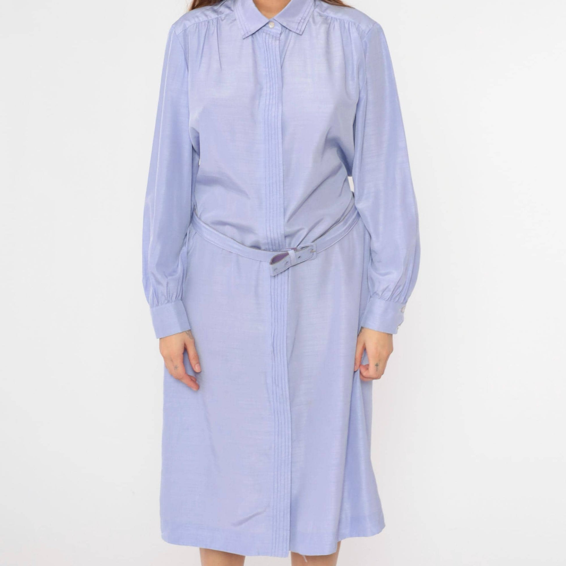 80s Lavender Shirt Dress Pleated Front Belted Midi Button Up Long Sleeve Extra Large XXL