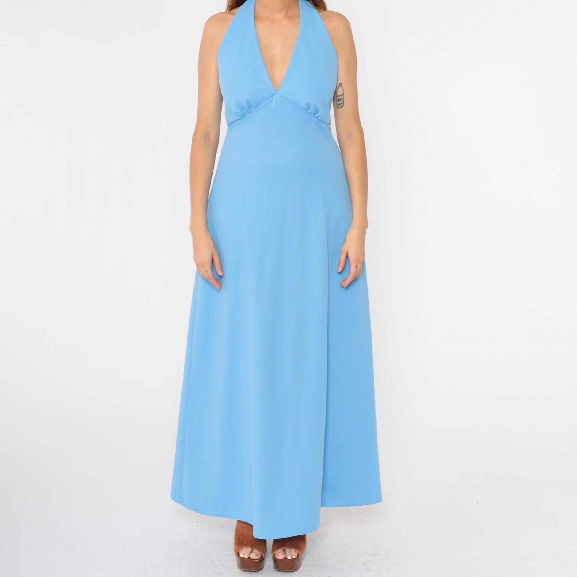 70s Blue Halter Maxi Dress Empire Waist Open Back Sleeveless Medium M