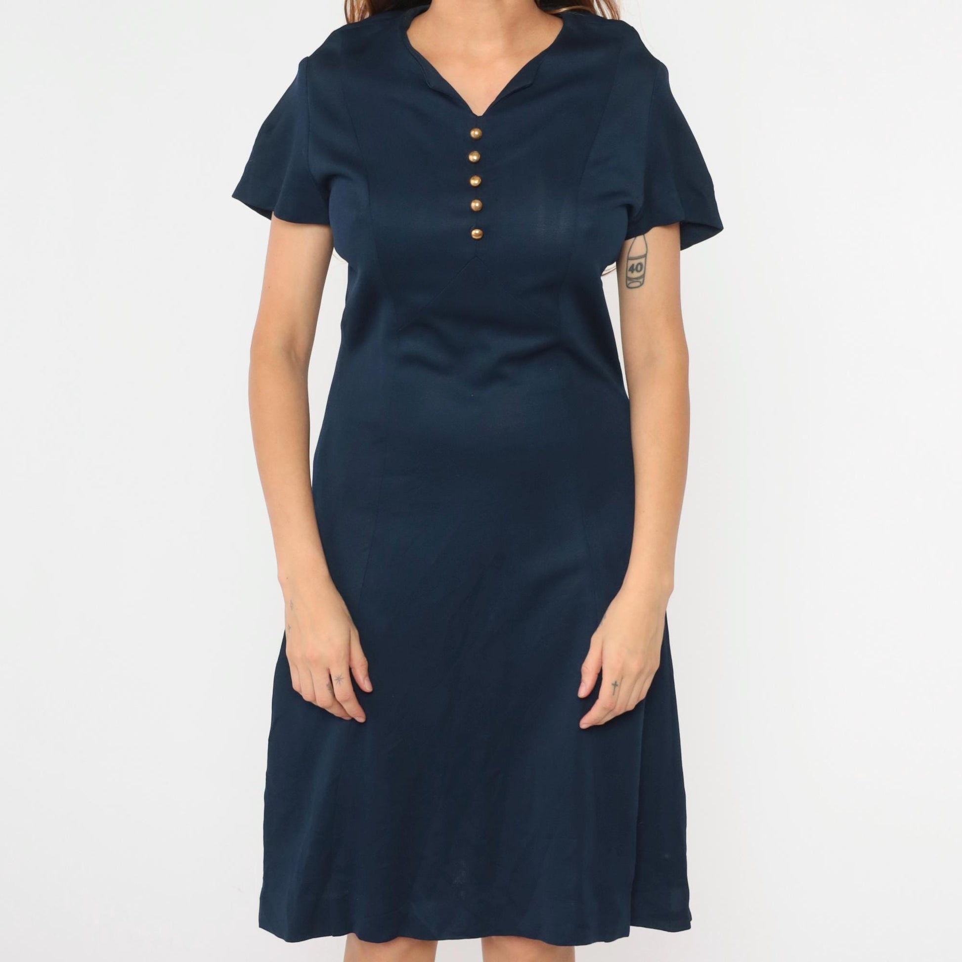 1960s Navy Shift Dress Midi Button Detail Short Sleeve Medium
