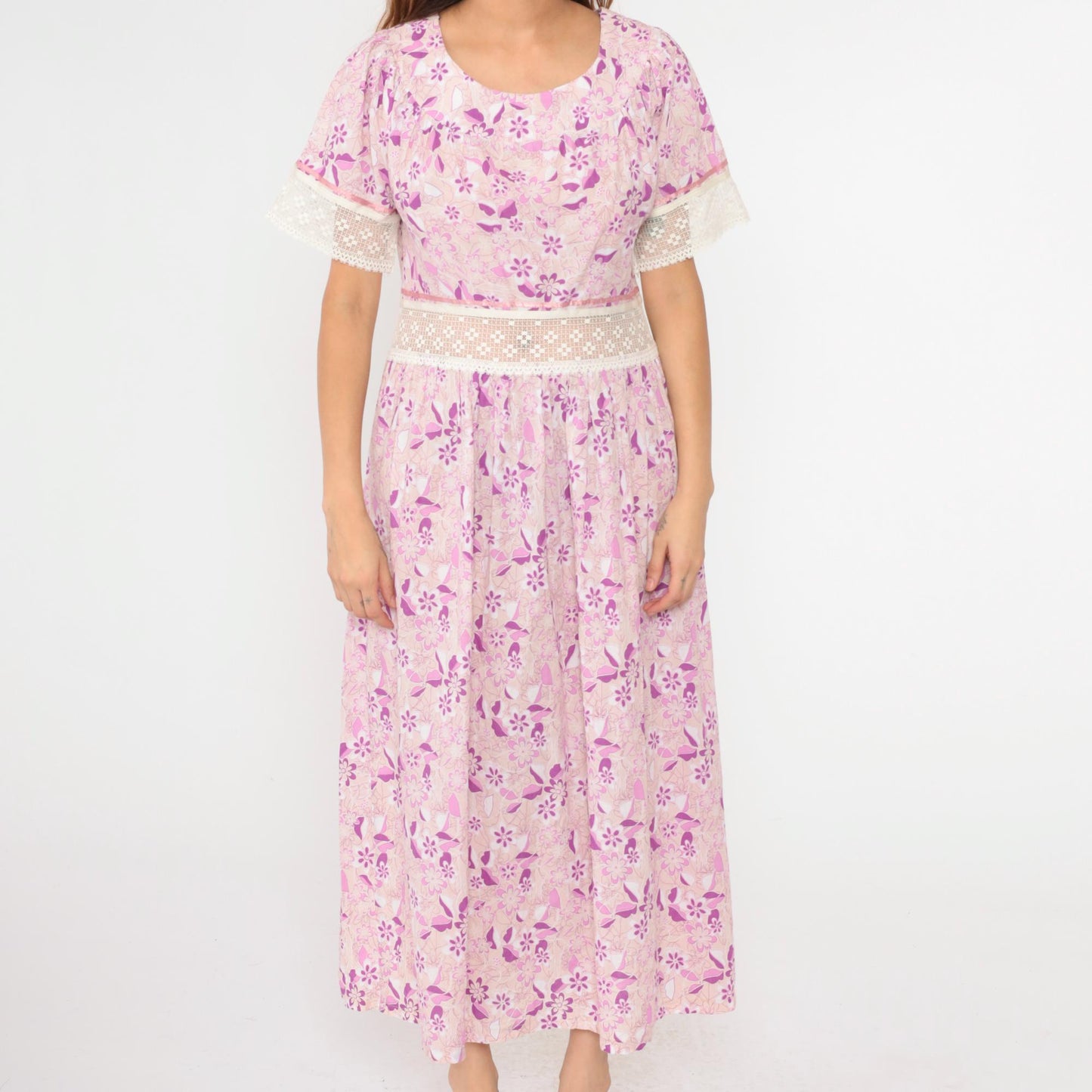 Y2K Floral Maxi Dress Purple Pink Lace Trim Short Sleeve Large