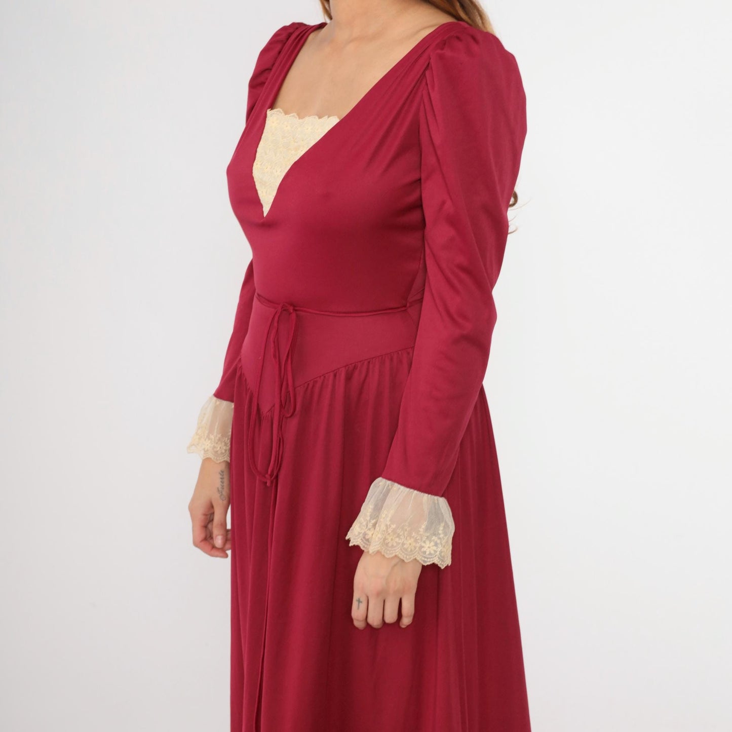 70s Bianchi Raspberry Maxi Dress Puff Sleeve Lace Trim High Waist Small