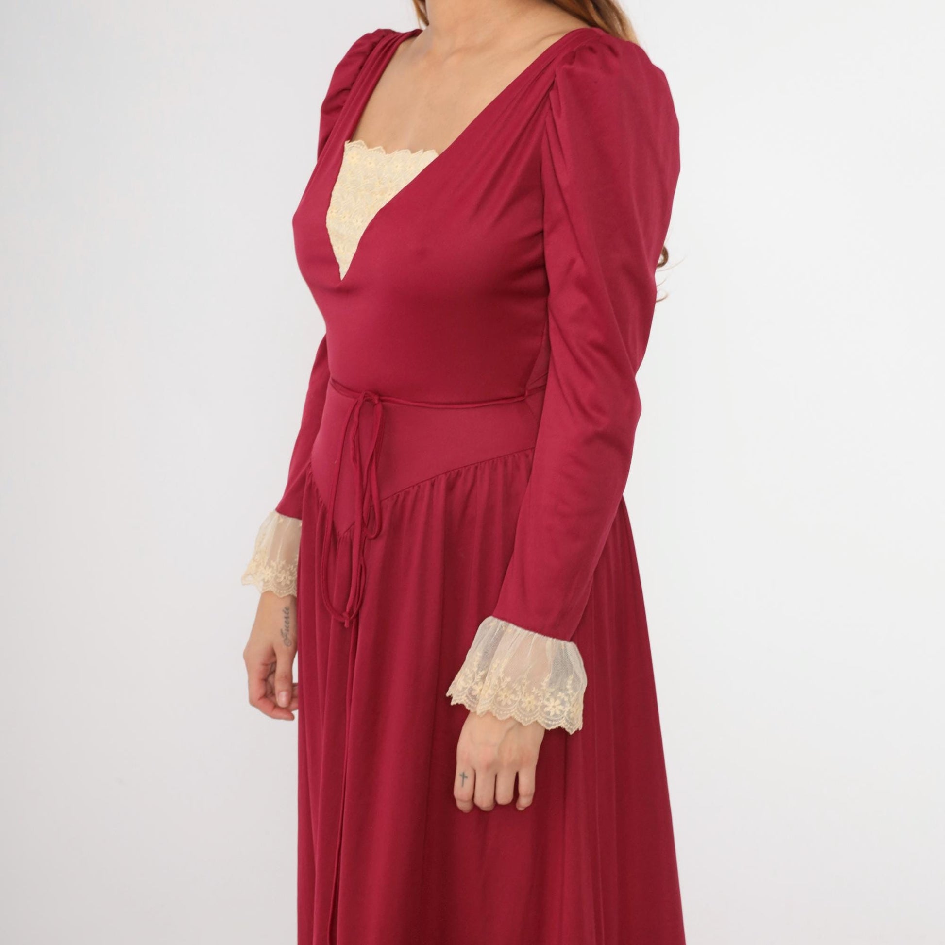 70s Bianchi Raspberry Maxi Dress Puff Sleeve Lace Trim High Waist Small