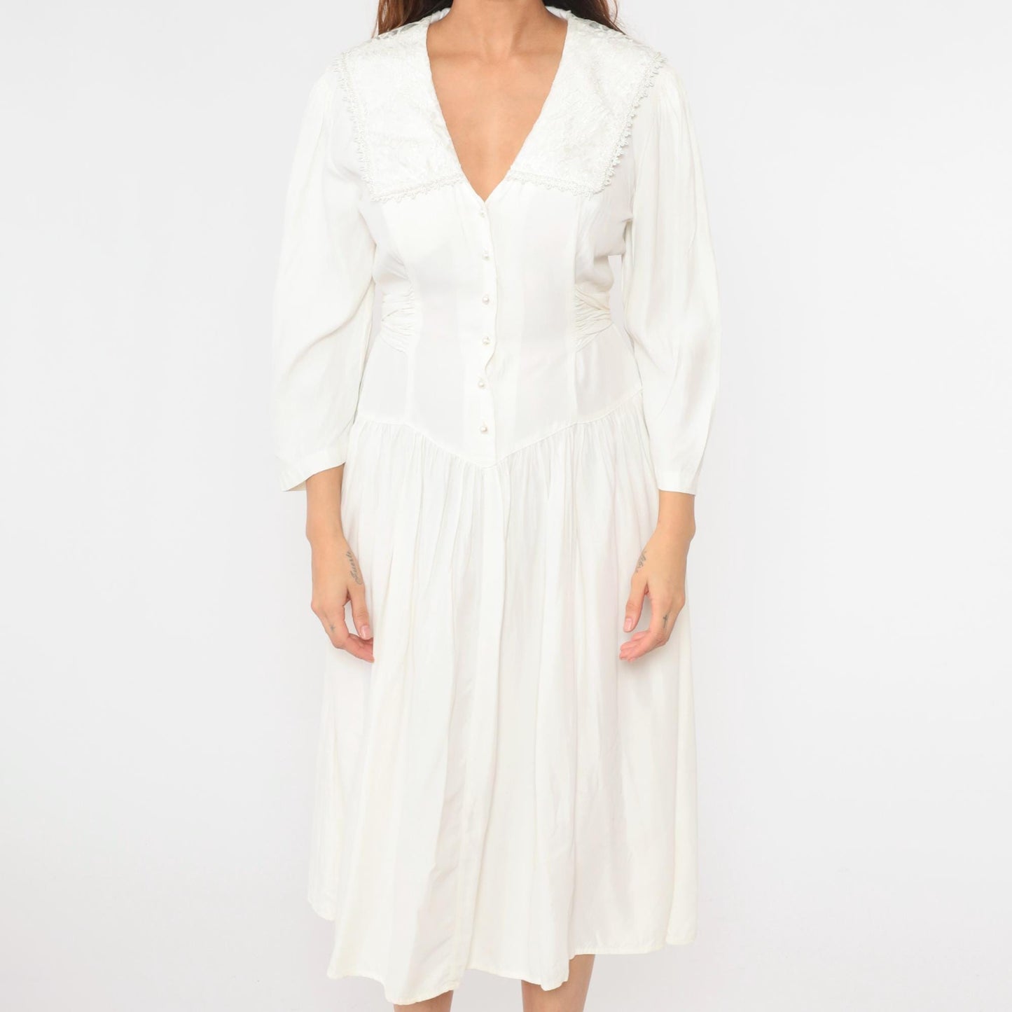 80s Jody California White Midi Dress Sailor Collar Button-Up Puff Sleeve Medium