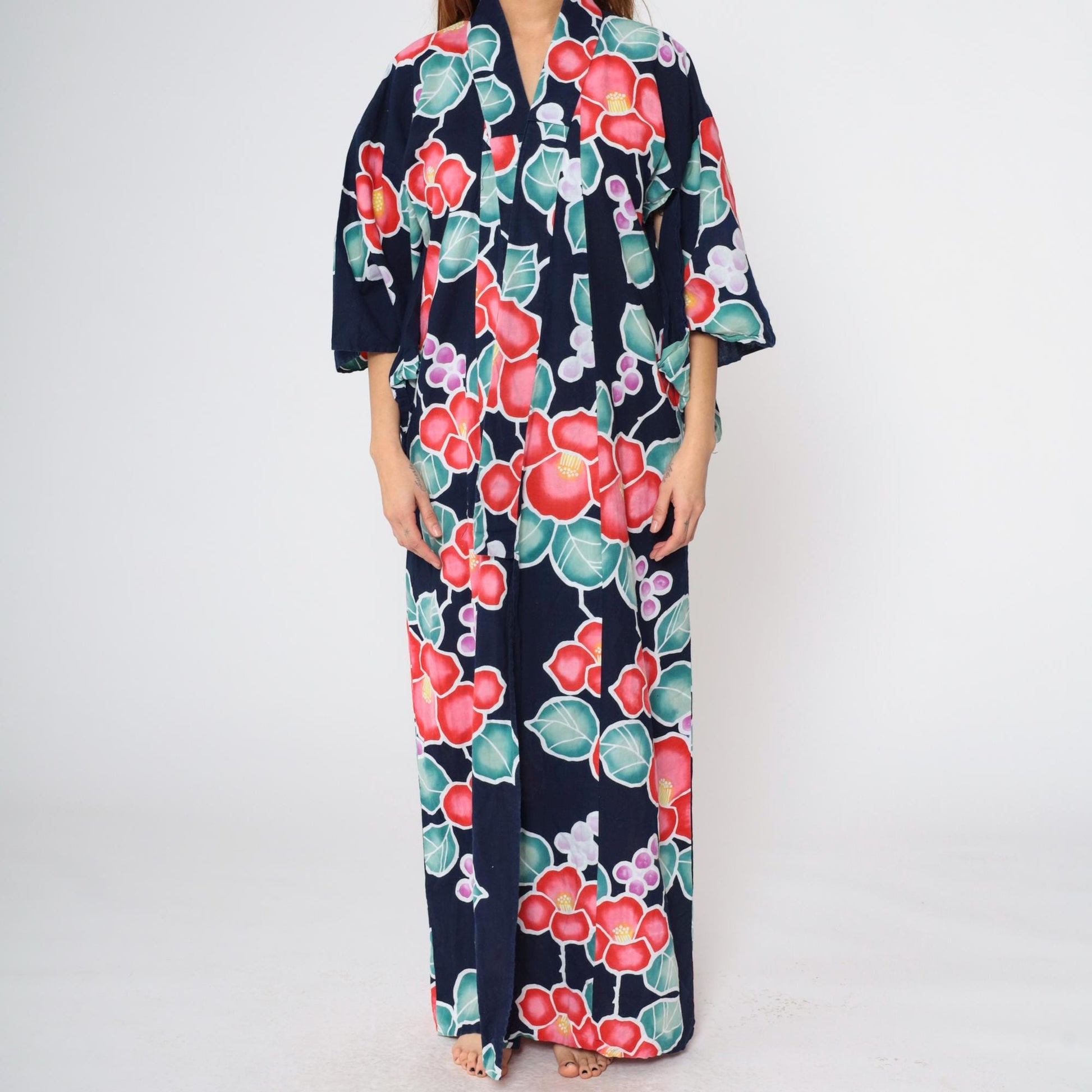 Y2K Japanese Floral Kimono Navy Blue Maxi Robe Open Front Small Medium Large