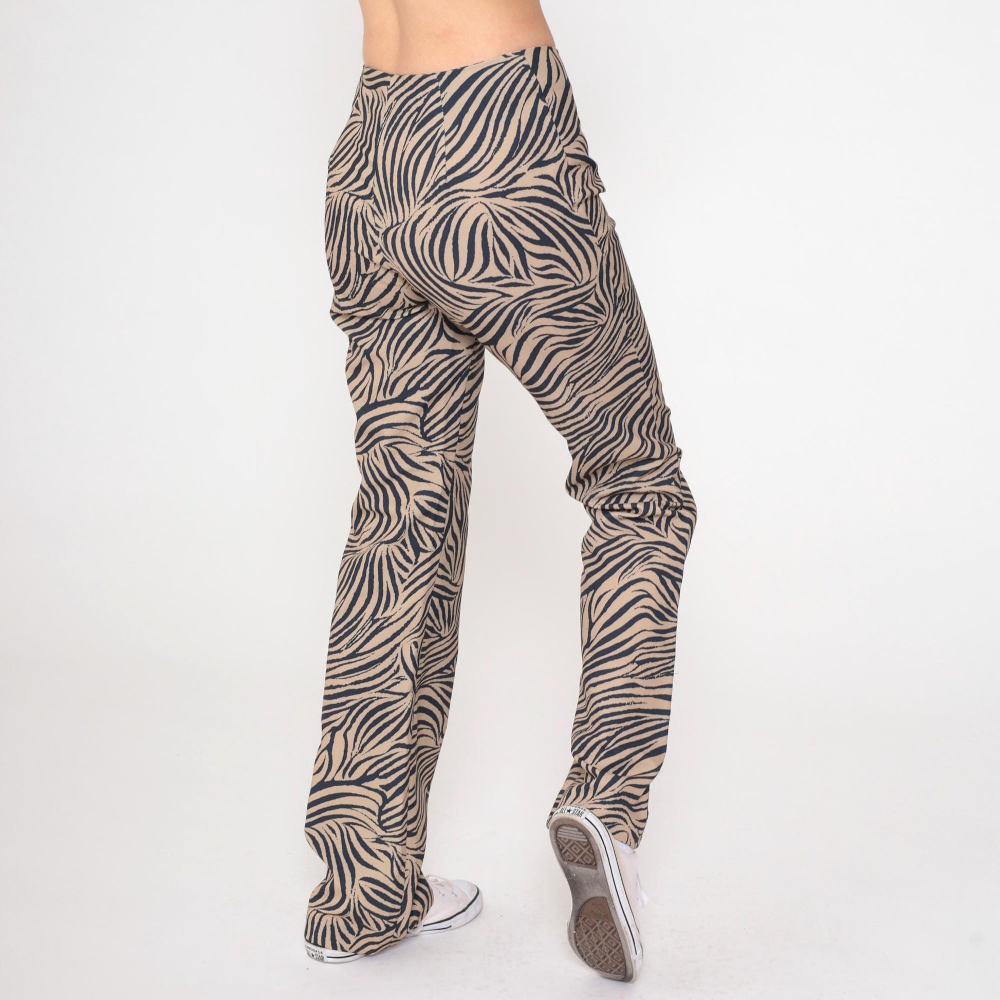 Y2K Zebra Stripe Flared Pants Black Tan Mid Rise Front Zip Medium 9