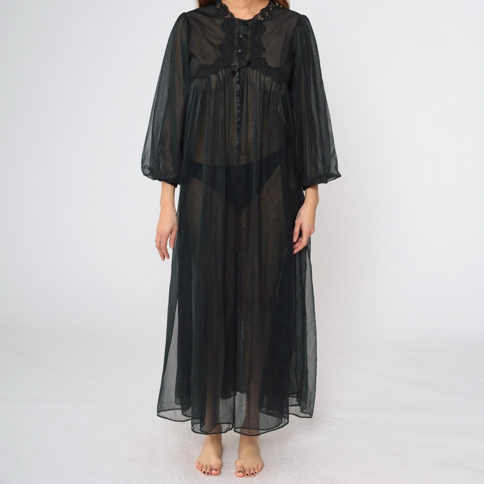 70s Gossard Artemis Black Nylon Lingerie Robe Lace Trim Maxi Medium