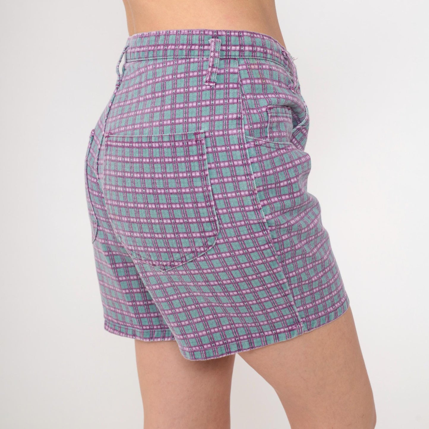 90s Wet Seal Checkered Denim Shorts High Waist Purple Green Small