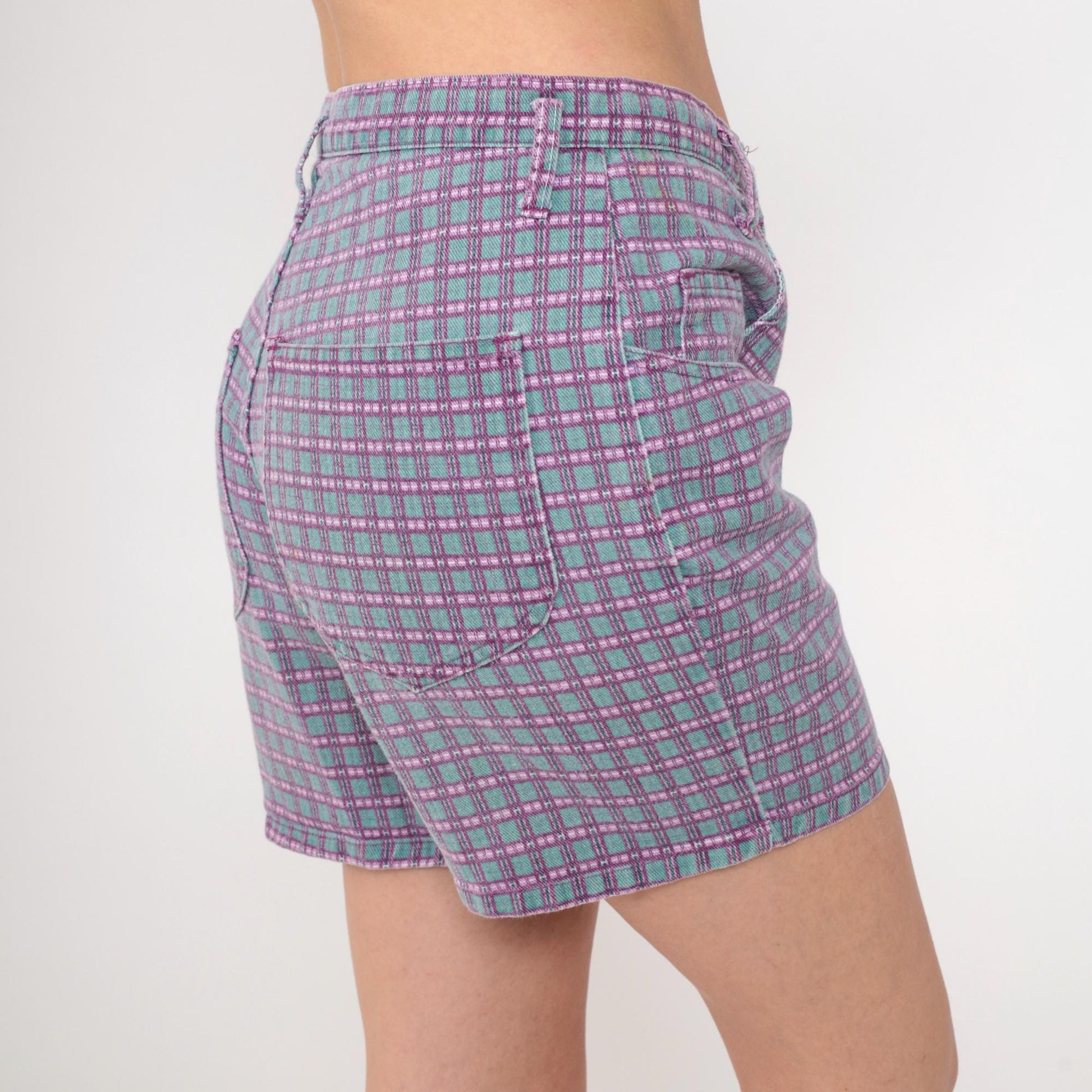 90s Wet Seal Checkered Denim Shorts High Waist Purple Green Small