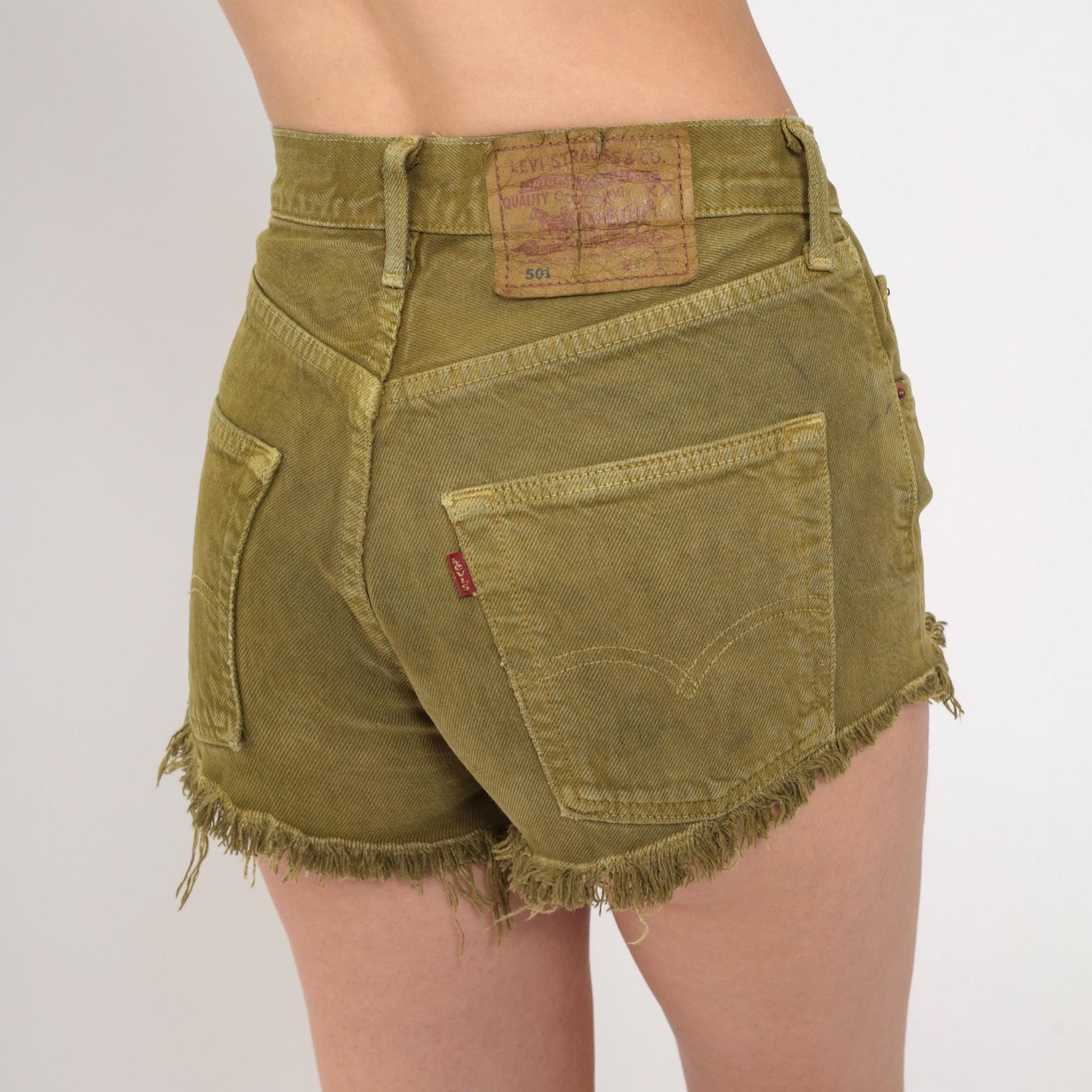 90s Levi's 501 Olive Denim Cutoff Shorts High Waist Frayed Extra Small