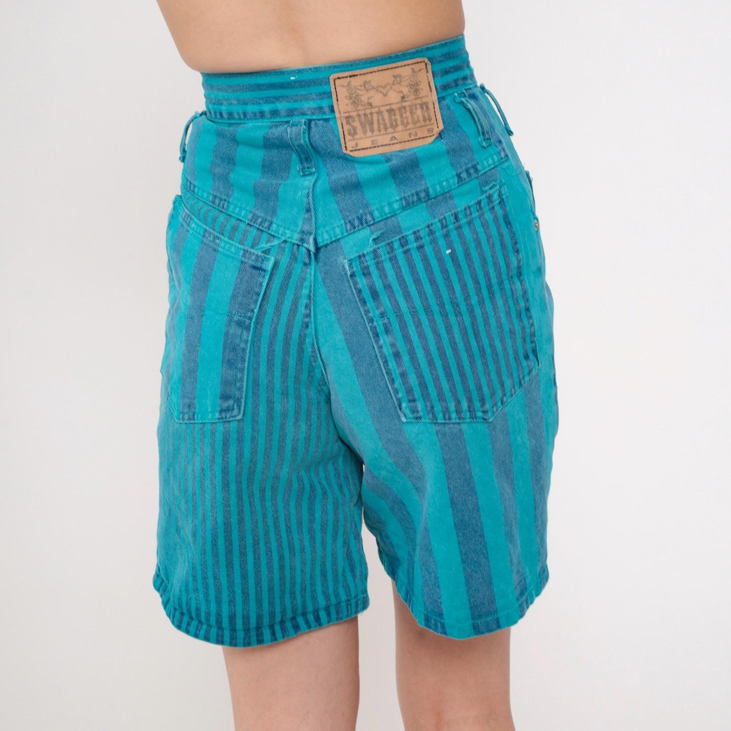 90s Swagger Jeans Striped Denim Shorts High Rise Turquoise Blue Extra Small