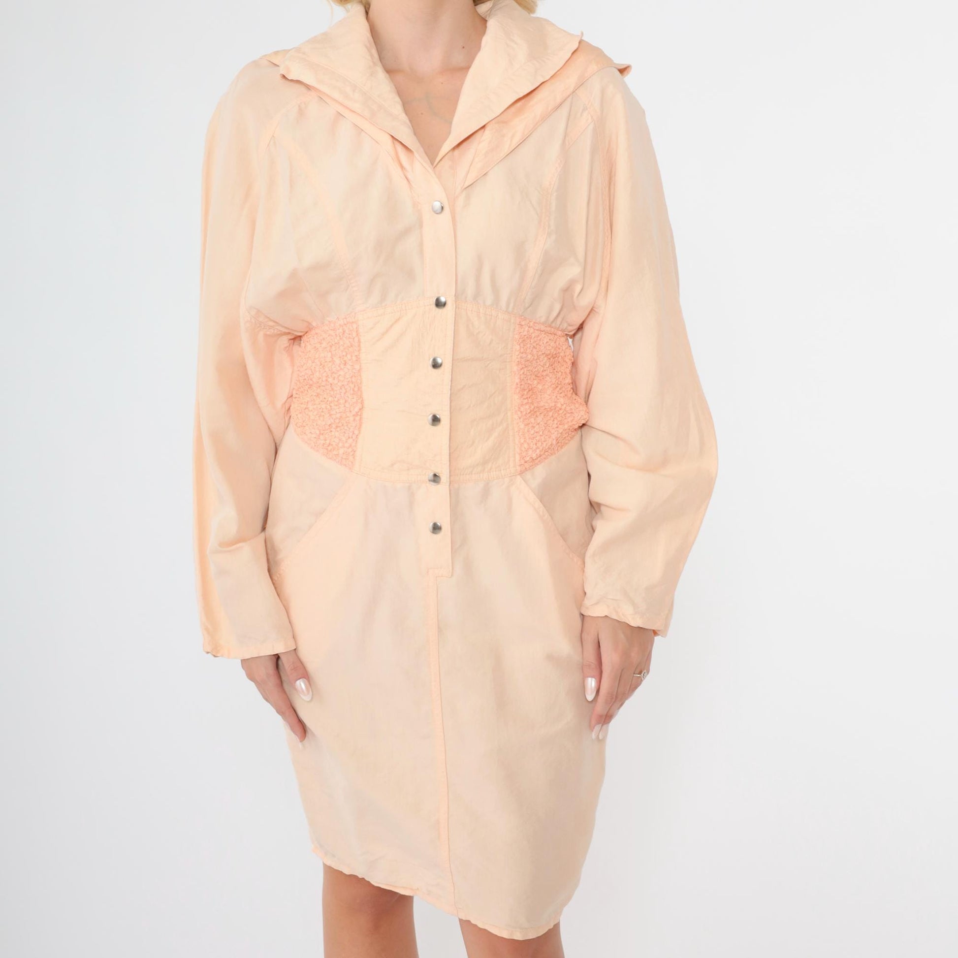 80s Marshall Rousso Peach Snap Mini Shirtdress High Waist Small