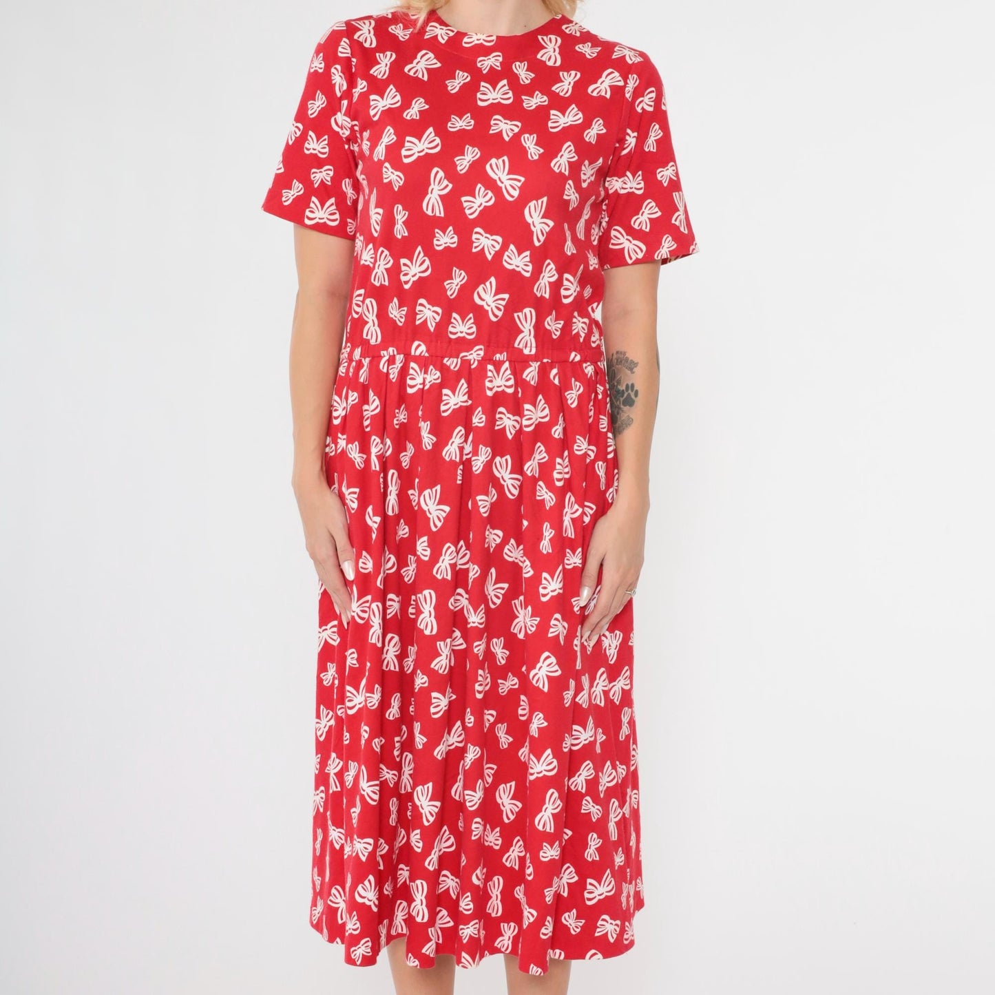 90s Talbots Red Bow Print Midi Dress Pleated Button Back Small