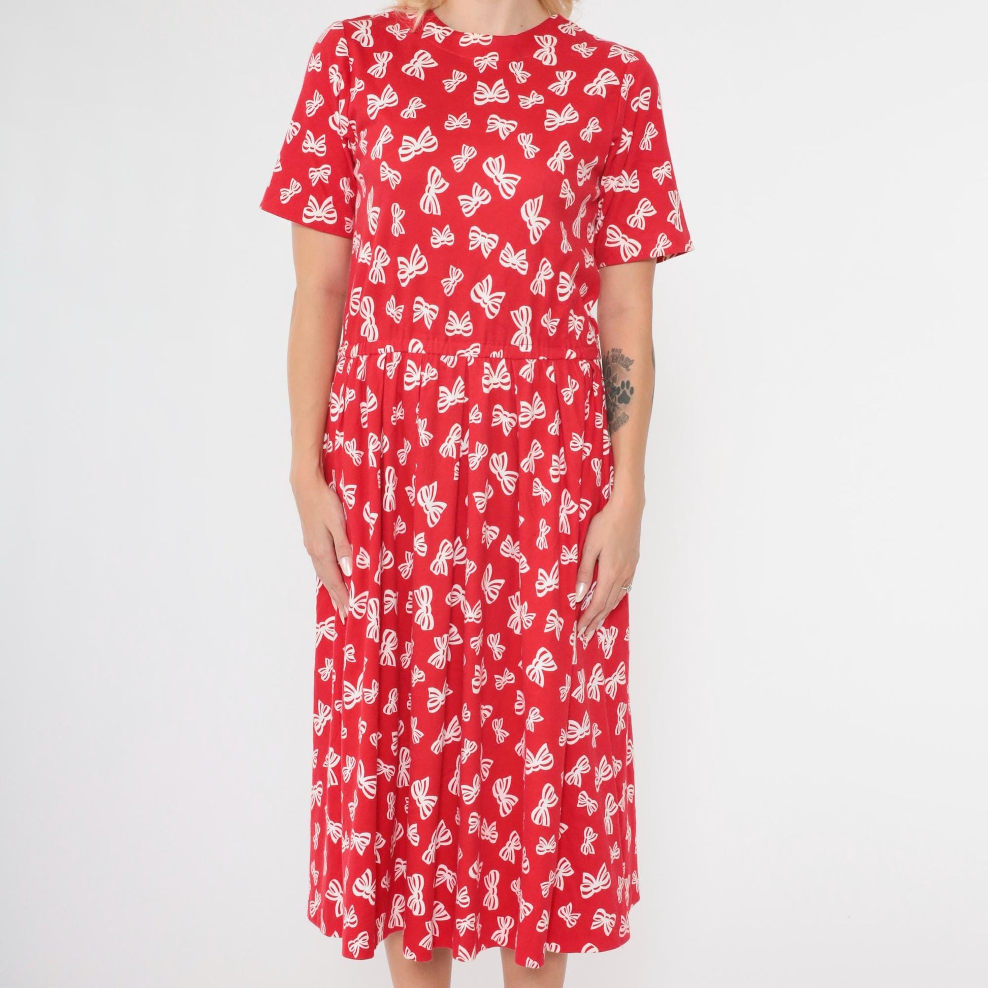 90s Talbots Red Bow Print Midi Dress Pleated Button Back Small